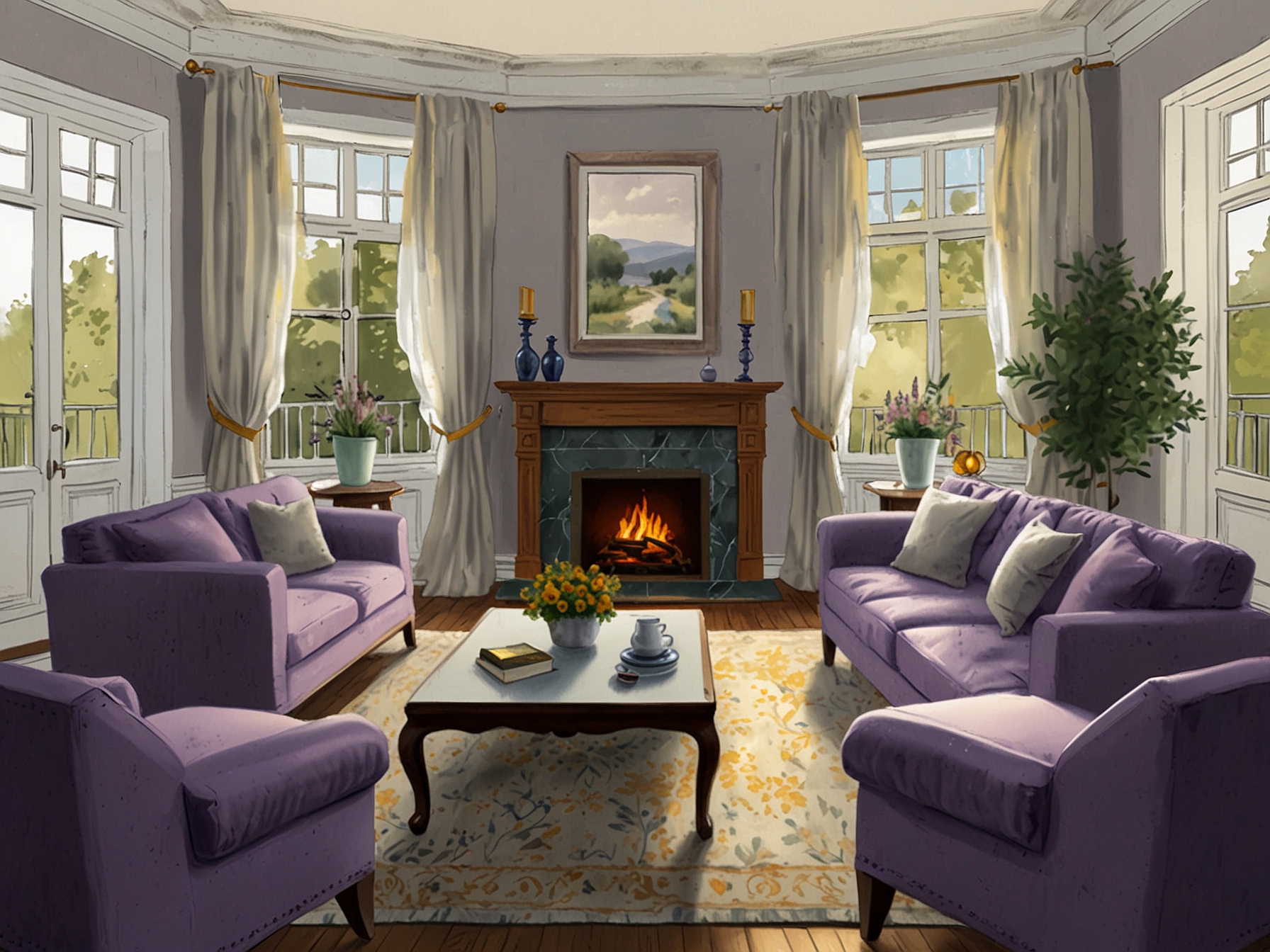 A serene living room setting with clean corners, fresh lavender essential oil, and hints of citrus, illustrating the importance of cleanliness and natural repellents against spiders.