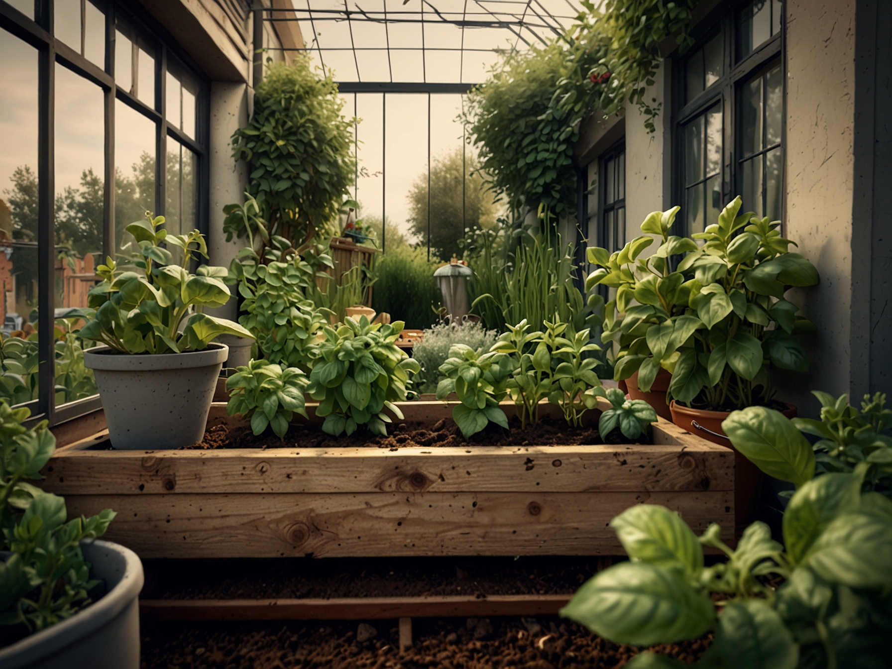An outdoor herb garden featuring mint and basil plants, showcasing how these aromatic herbs can naturally deter spiders while enhancing the beauty of your home environment.