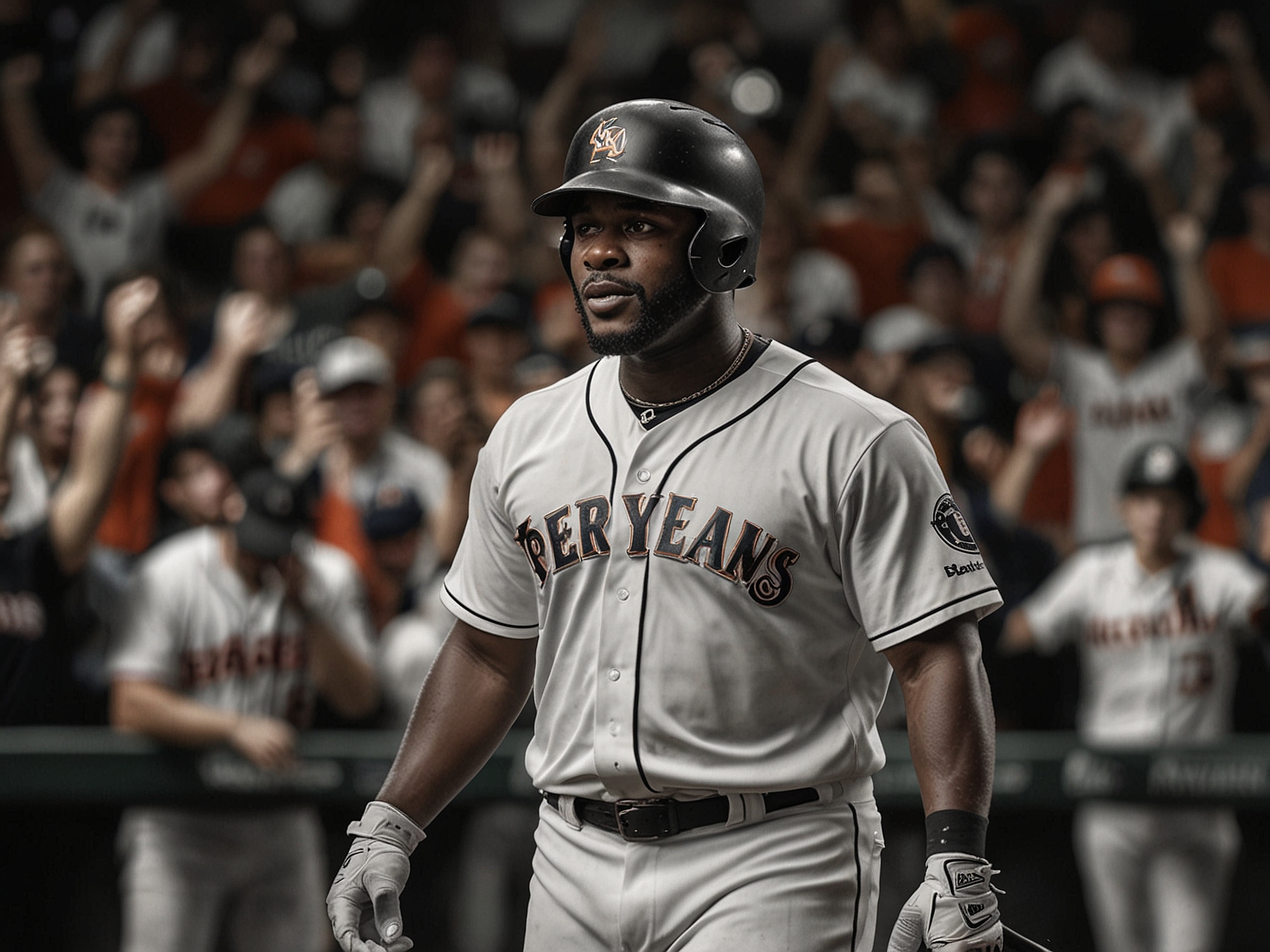 Yordan Alvarez stands confidently at the plate, bat in hand, surrounded by cheering fans, the excitement of the Wild Card Series electrifying the atmosphere at Minute Maid Park.