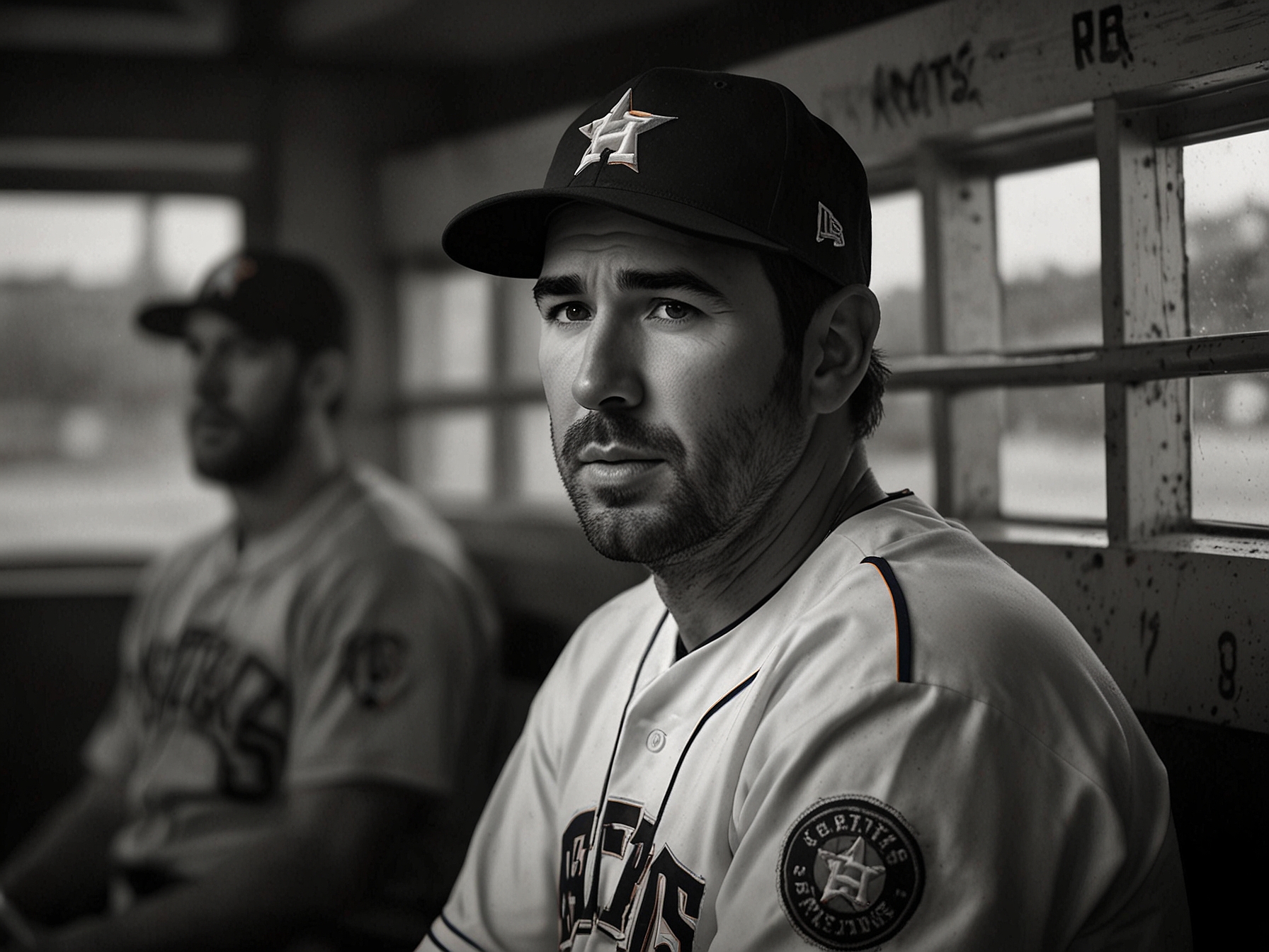 Justin Verlander, in the dugout, watches the game with intense focus, reflecting on his legacy with the Astros, while his teammates rally together for the upcoming challenge.