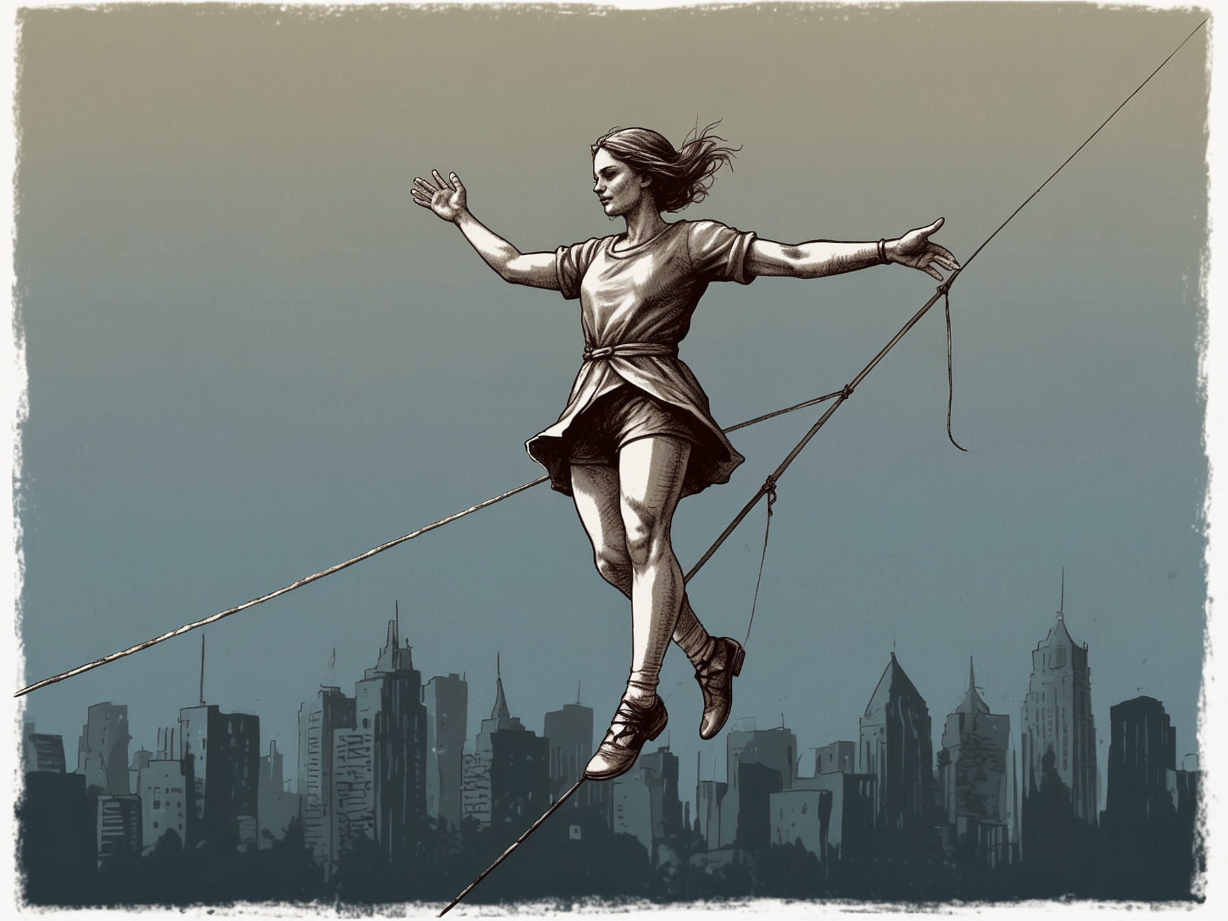 An illustration of a tightrope walker confidently balancing, symbolizing the importance of having supportive friends and family to maintain stability in life.
