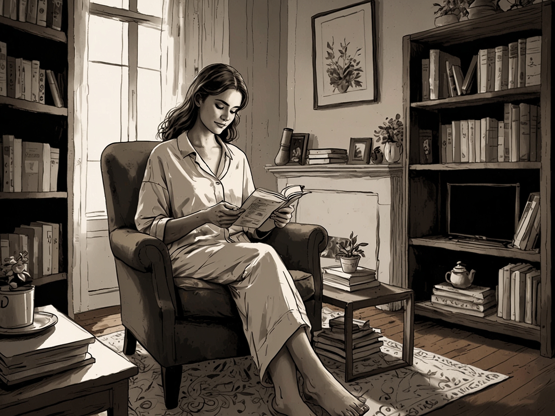A serene setting of a woman in a cozy chair with a book and a cup of tea, representing the essence of self-care and taking time for oneself amidst a busy life.
