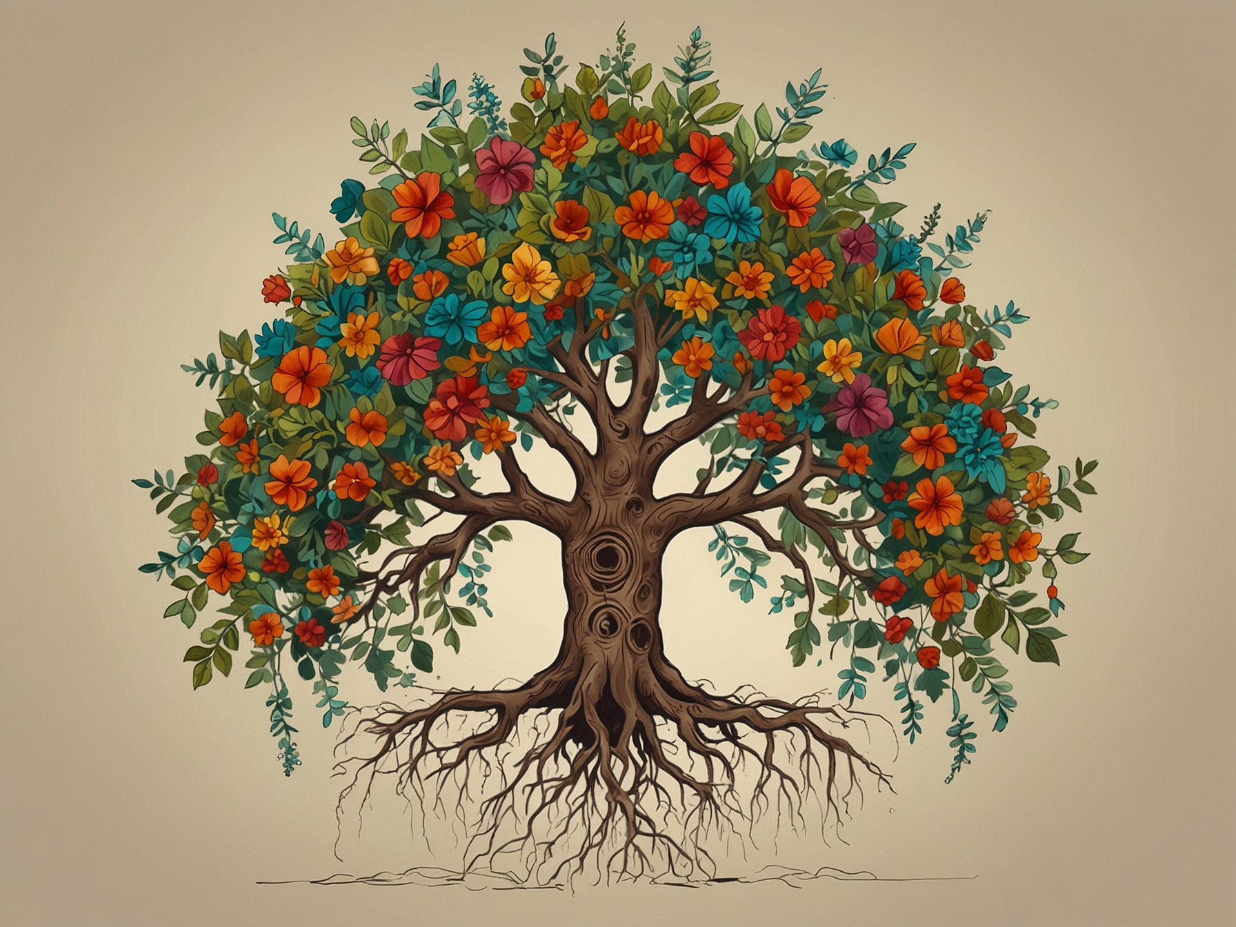 A vibrant, flourishing plant with strong roots and blooming flowers, depicting Lorraine's analogy of nurturing one's roots for a healthy self-worth away from fame's pressures.