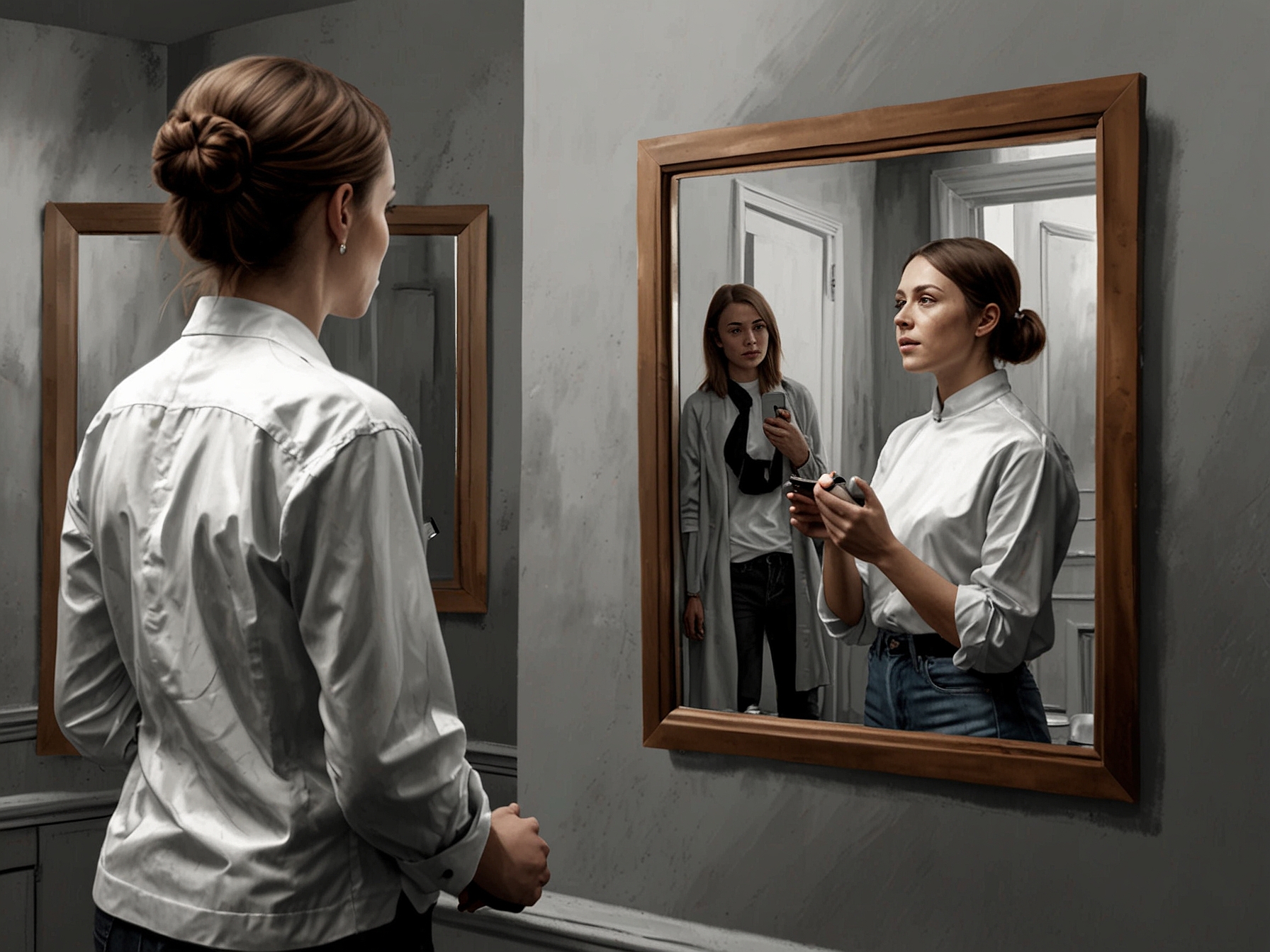 A reflective scene of a person looking into a mirror with confidence, emphasizing Lorraine's message about embracing one's true self and rejecting the need for public approval.