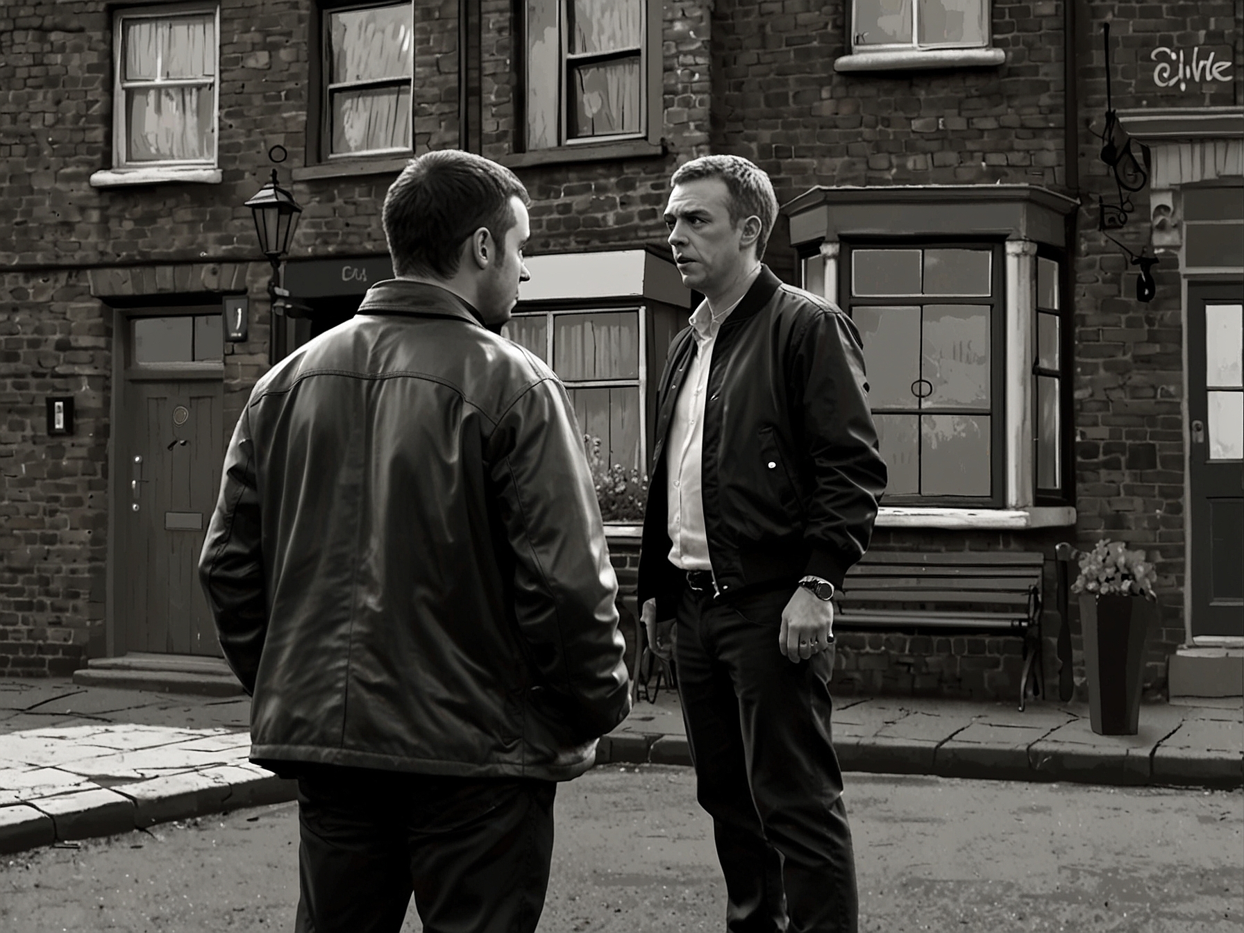 A dramatic cliffhanger scene from Coronation Street, depicting a confrontation that hints at the impending revelation about the baby's father, keeping viewers on the edge of their seats.