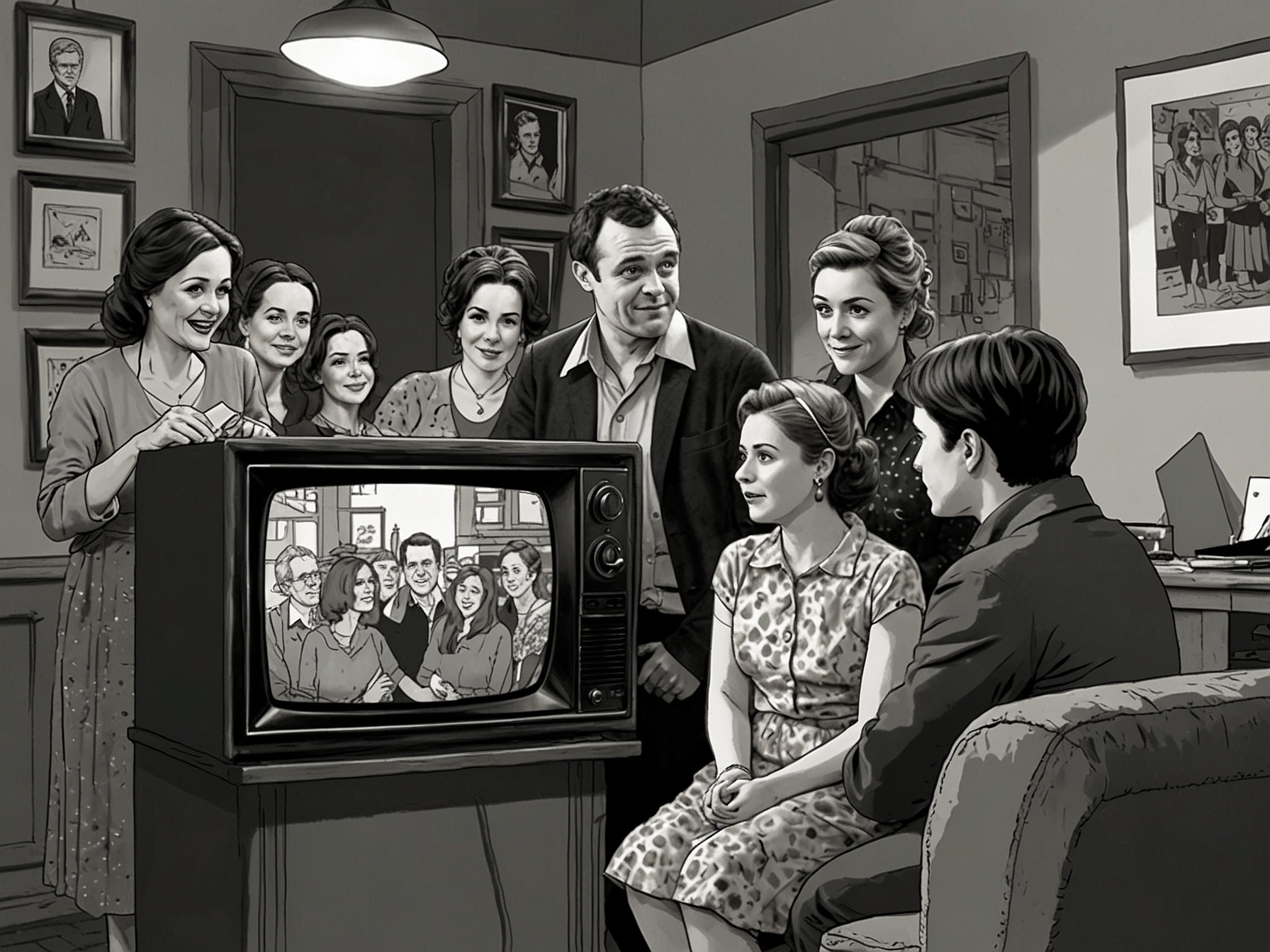 A group of fans gathered around a television, eagerly discussing the latest Coronation Street episode, animatedly sharing their theories about Fiz's baby drama.