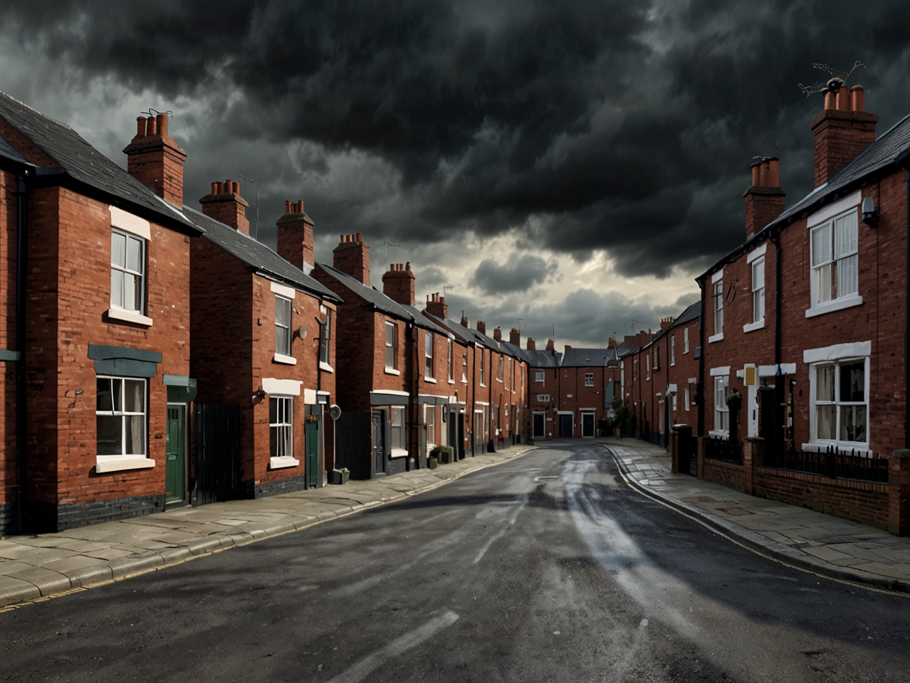 A picturesque view of Coronation Street with dark clouds overhead, symbolizing the brewing drama and tension among the residents as they await a new arrival.