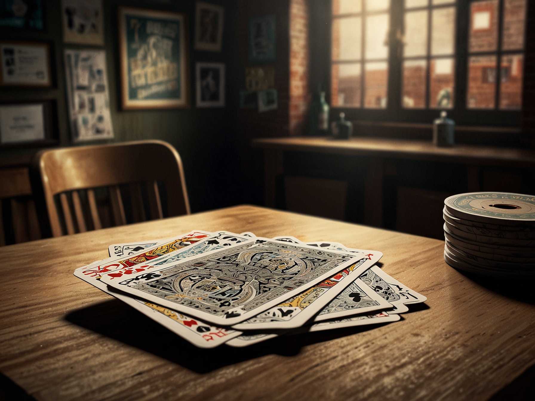 A dramatic shot of a stack of cards teetering on a table, representing the fragile balance of relationships on Coronation Street, with a shadowy figure in the background.