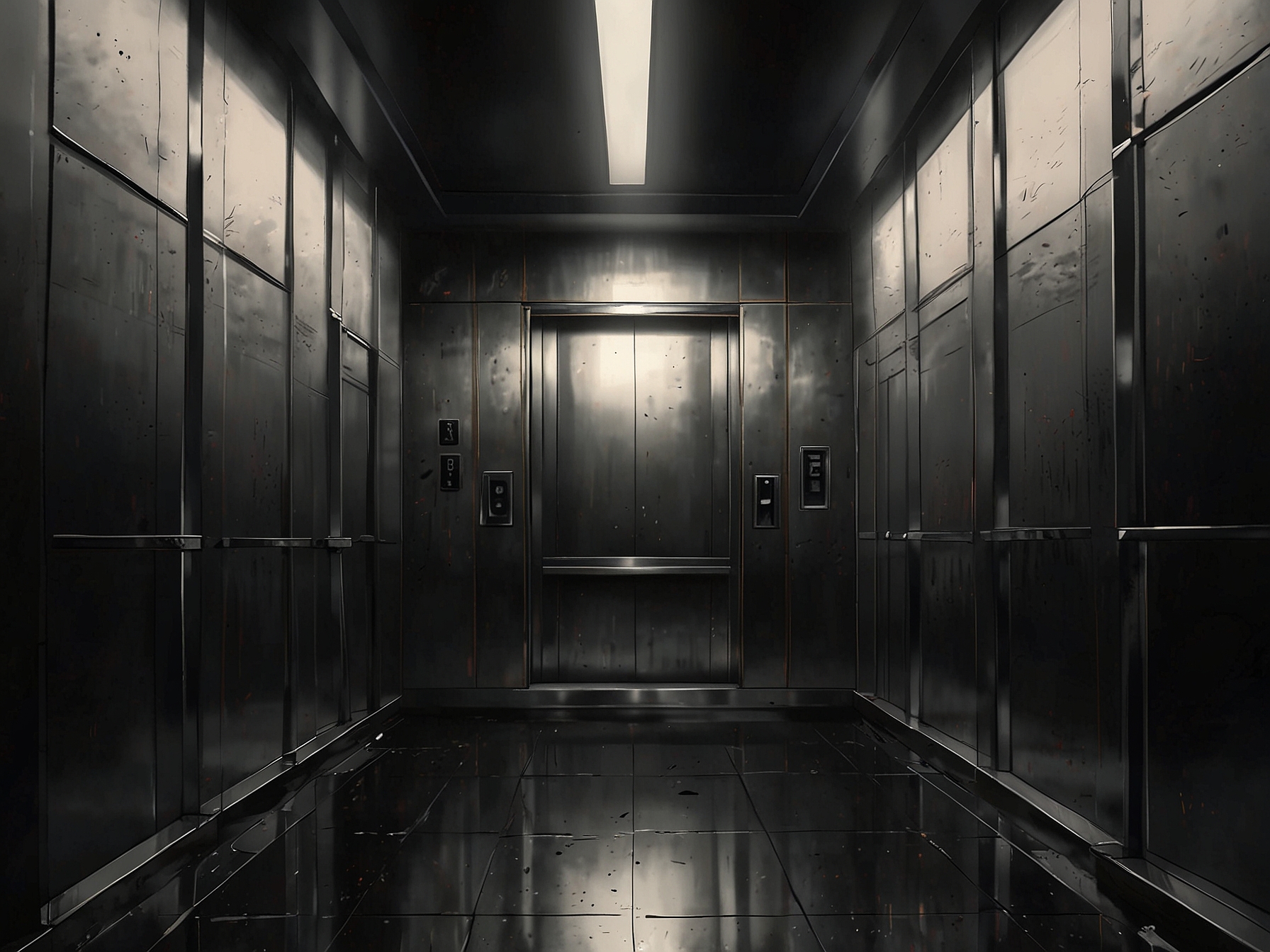 An artistic representation of an elevator interior, emphasizing the symbolism of transition and confinement, creating an intimate setting for personal revelations in the drama.