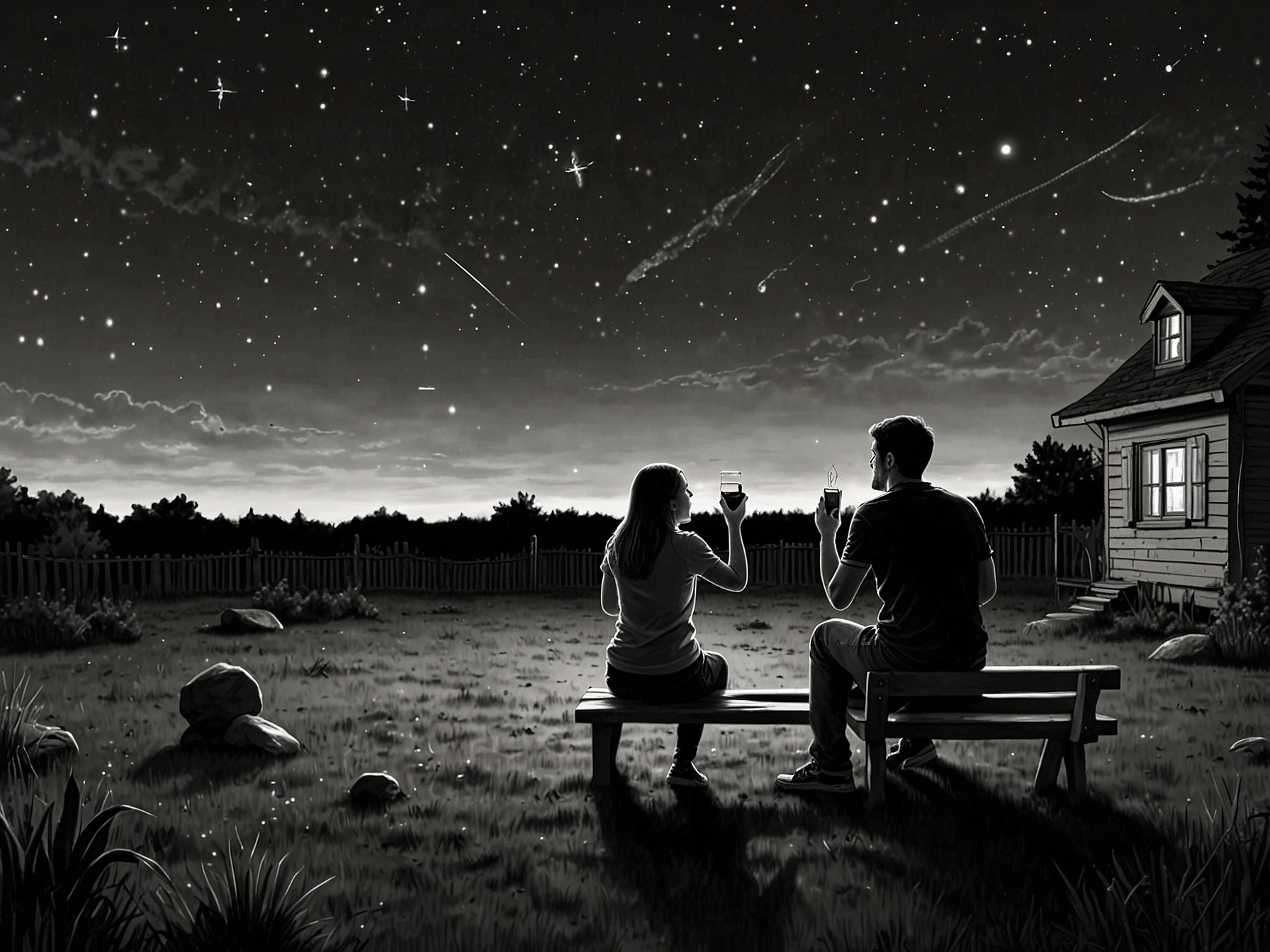 A family gathered in their backyard, sipping hot chocolate and pointing at the sky, sharing the excitement of stargazing and waiting to spot Comet A3.