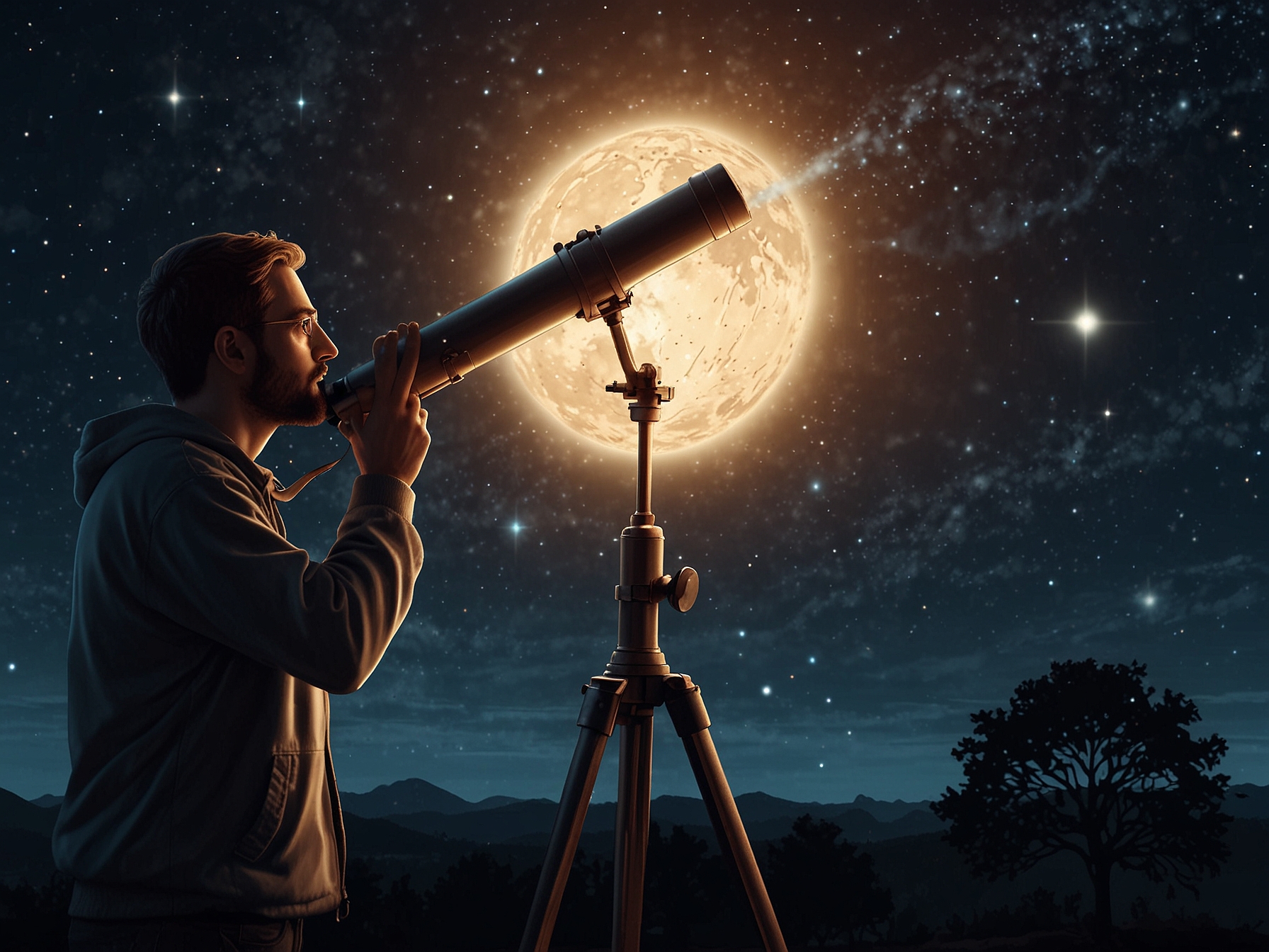 An astronomer using a telescope under a clear night sky, with a celestial chart app open on their smartphone to track the comet’s location.