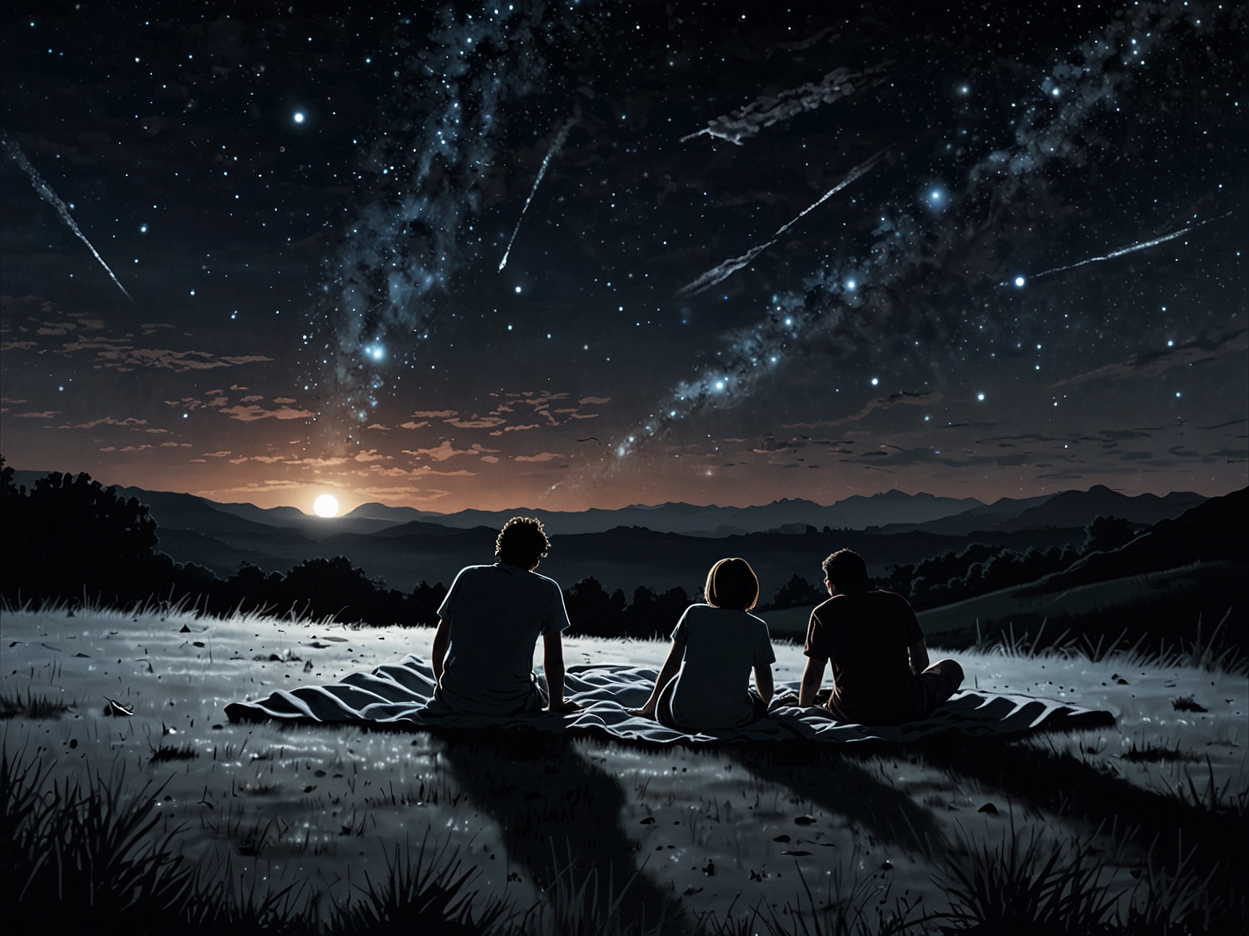 A picturesque scene of friends lying on a blanket under the stars, with a glowing comet trail visible in the northeastern sky, capturing the moment of wonder.