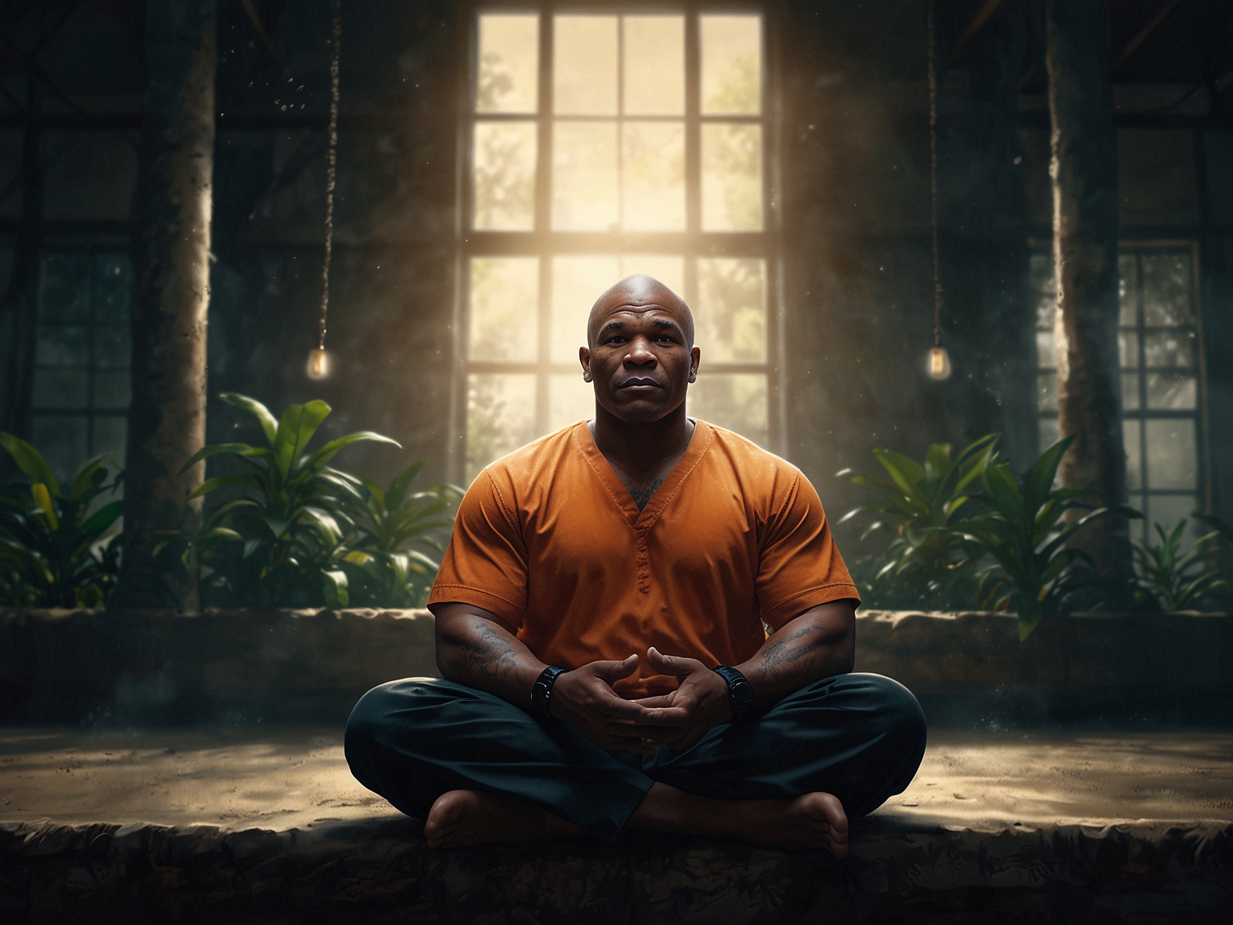 Mike Tyson meditating in a serene environment, highlighting the importance of mental wellness and mindfulness in his daily routine amidst a bustling world.