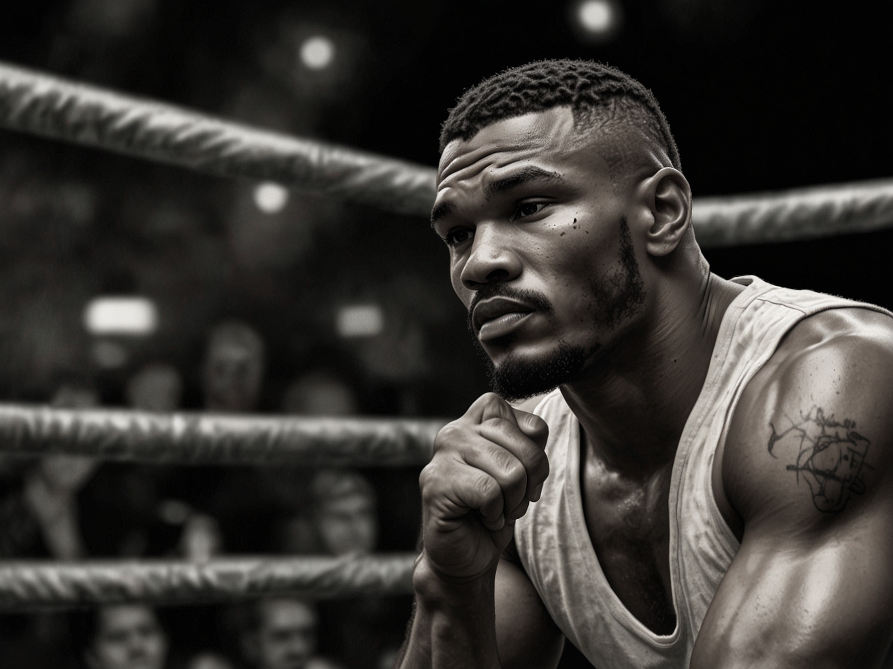 An intimate scene of Tyson reflecting on his journey, symbolizing resilience and determination as he prepares mentally for the upcoming fight against Jake Paul.
