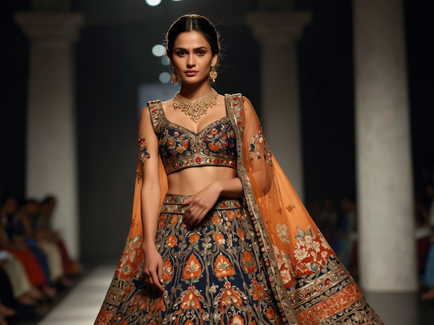 Triptii Dimri glides gracefully down the runway in a stunning, intricately designed lehenga that reflects the vibrancy and richness of Indian handloom traditions.