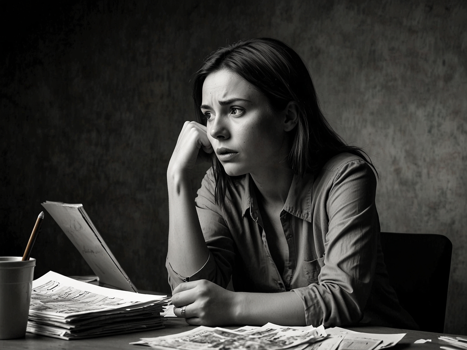 A distressed woman sitting at a table surrounded by bills, reflecting anxiety over her financial situation after losing her job. Her expression shows a mix of worry and determination.