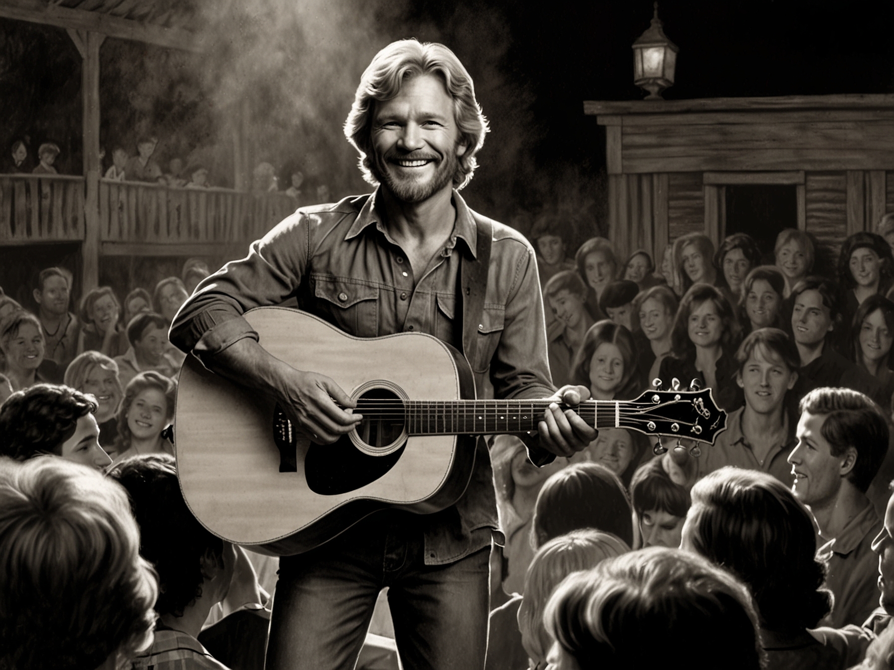 A young Kris Kristofferson holding a guitar on stage, surrounded by an adoring crowd, symbolizing his breakthrough moments in country music during the early 1960s.