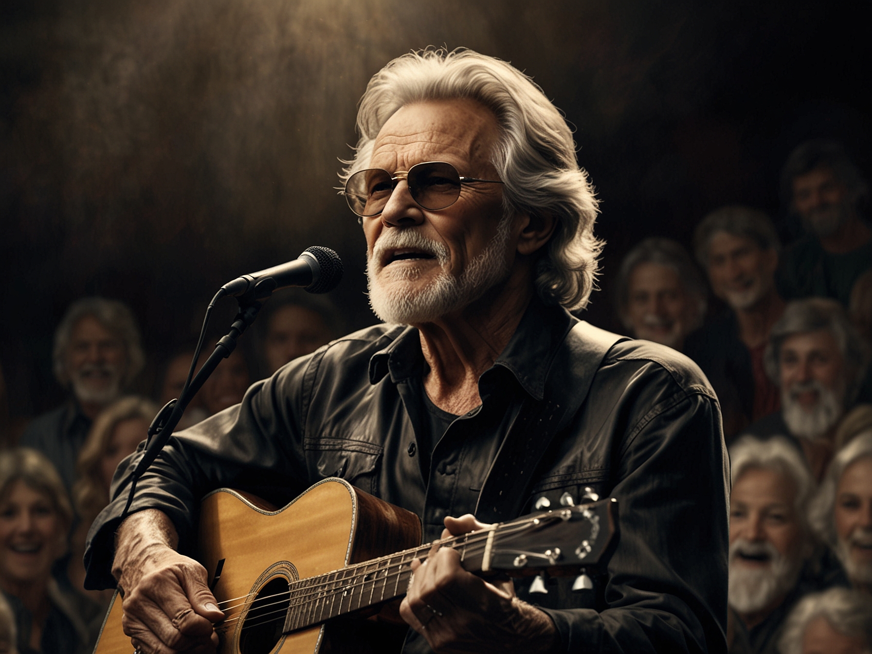 Kris Kristofferson performing at a concert in his 70s, showcasing his enduring passion for music and connecting with a diverse audience, capturing the timeless essence of his artistry.