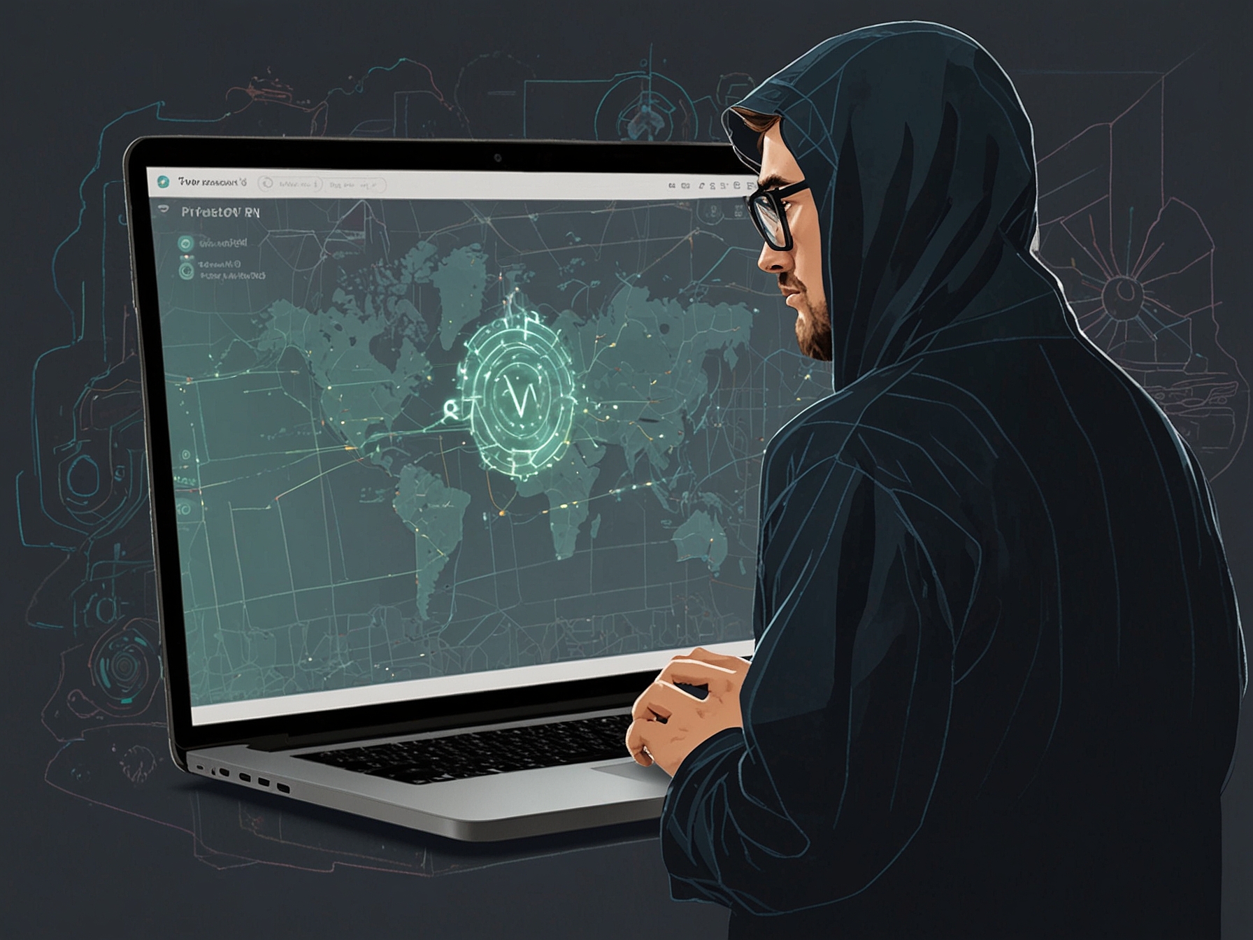 An illustration showing a user effortlessly navigating PrivadoVPN's user-friendly interface on a laptop, highlighting the app's sleek design and intuitive features for online privacy.