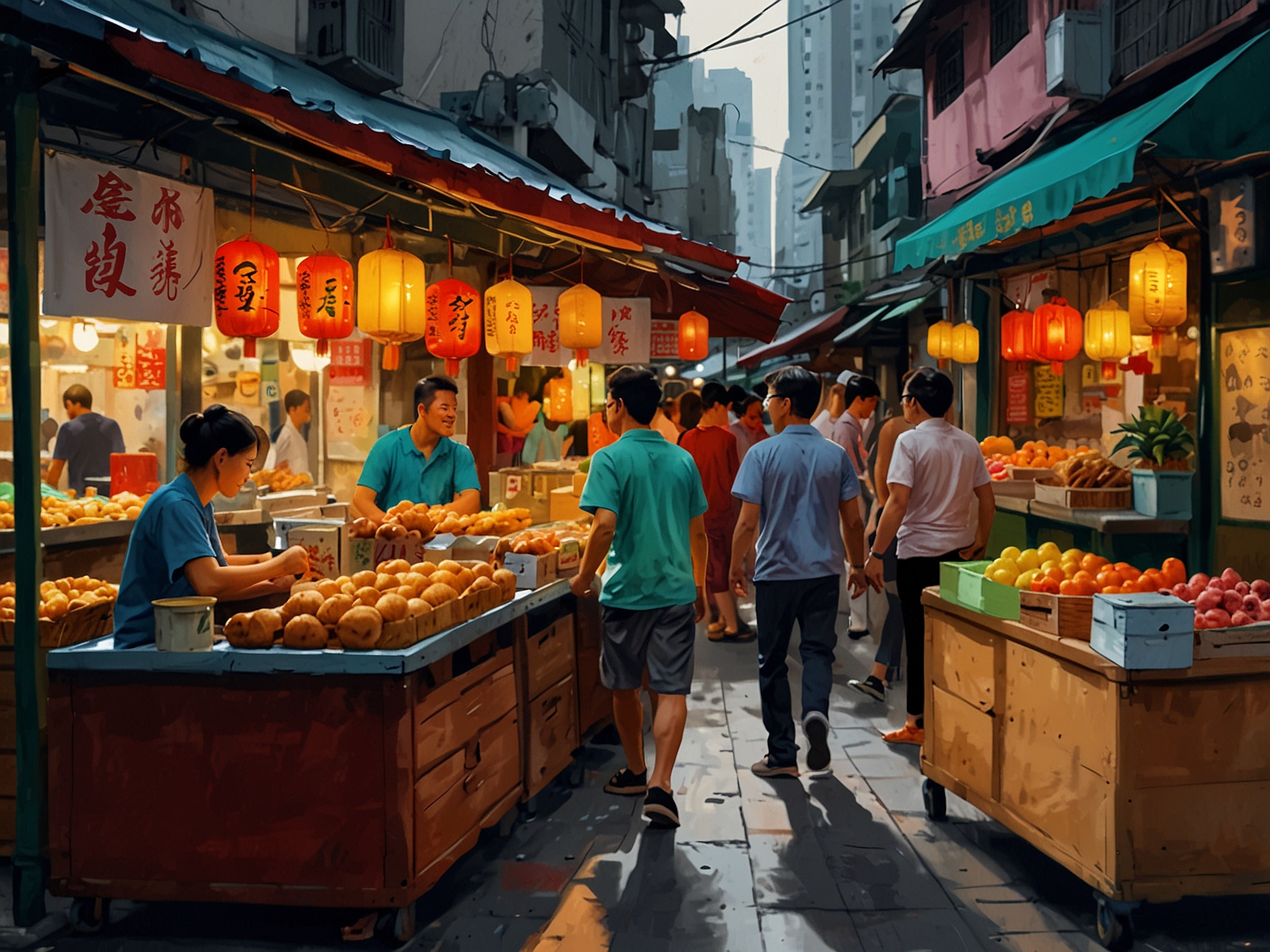 A bustling Hong Kong street market filled with colorful stalls, where the enticing aromas of sweet and sour pork and pineapple buns tantalize passersby, showcasing the vibrant culinary culture.