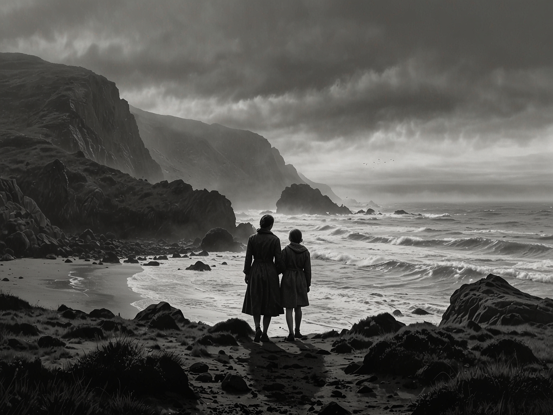 An evocative shot from 'Through the Fog', featuring a mother and daughter standing on a rugged coastline, symbolizing their tumultuous relationship against breathtaking scenic backgrounds.