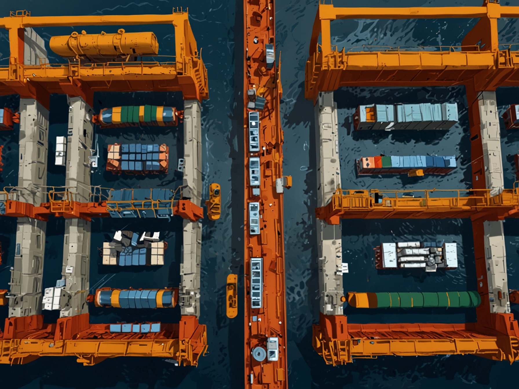 An overhead view of a bustling maritime workplace, showcasing the integration of advanced technology alongside traditional marine operations for enhanced safety.