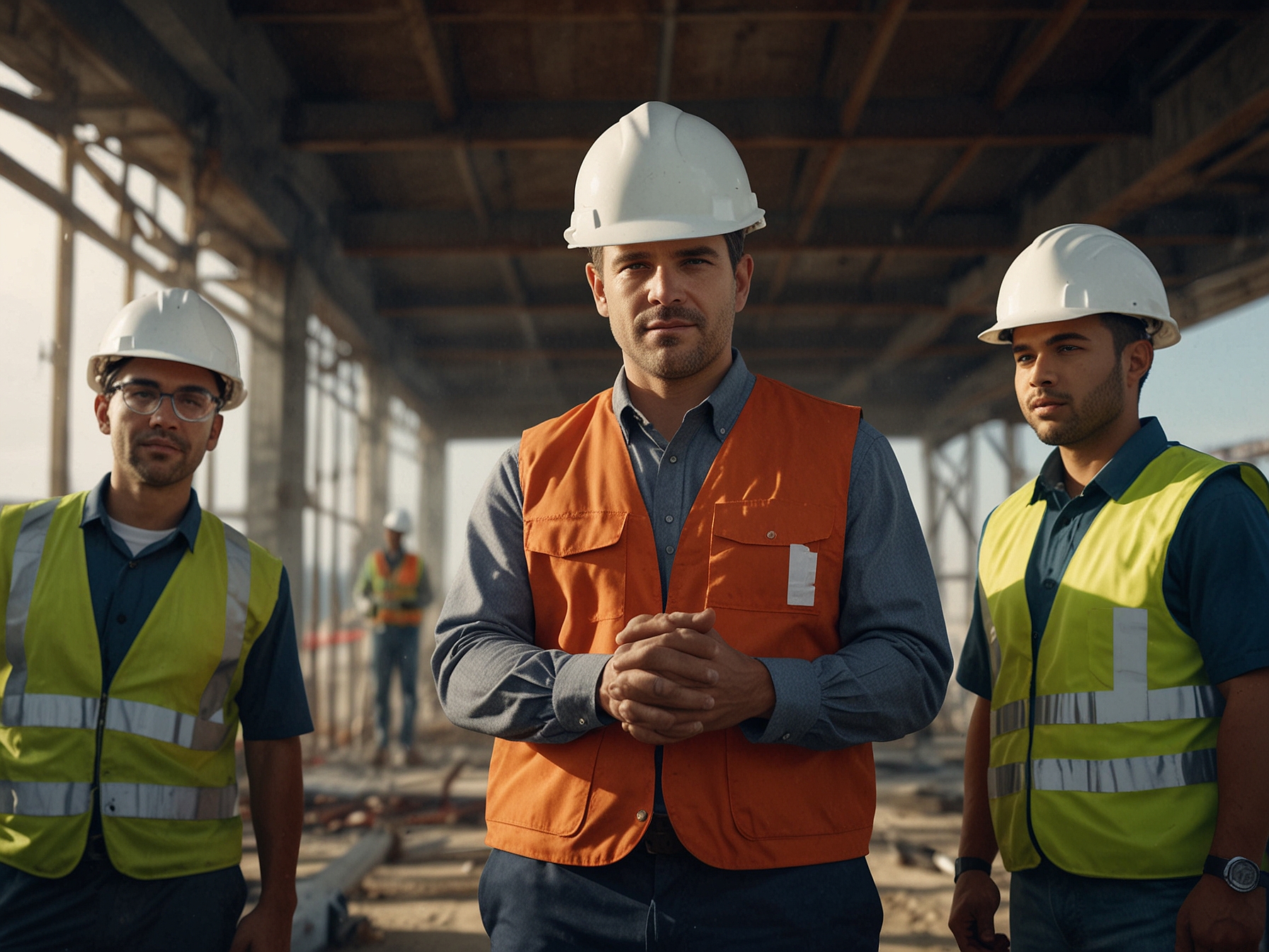 A diverse group of workers on a marine construction site, depicting a sense of security and teamwork fostered by robust safety measures and technology.