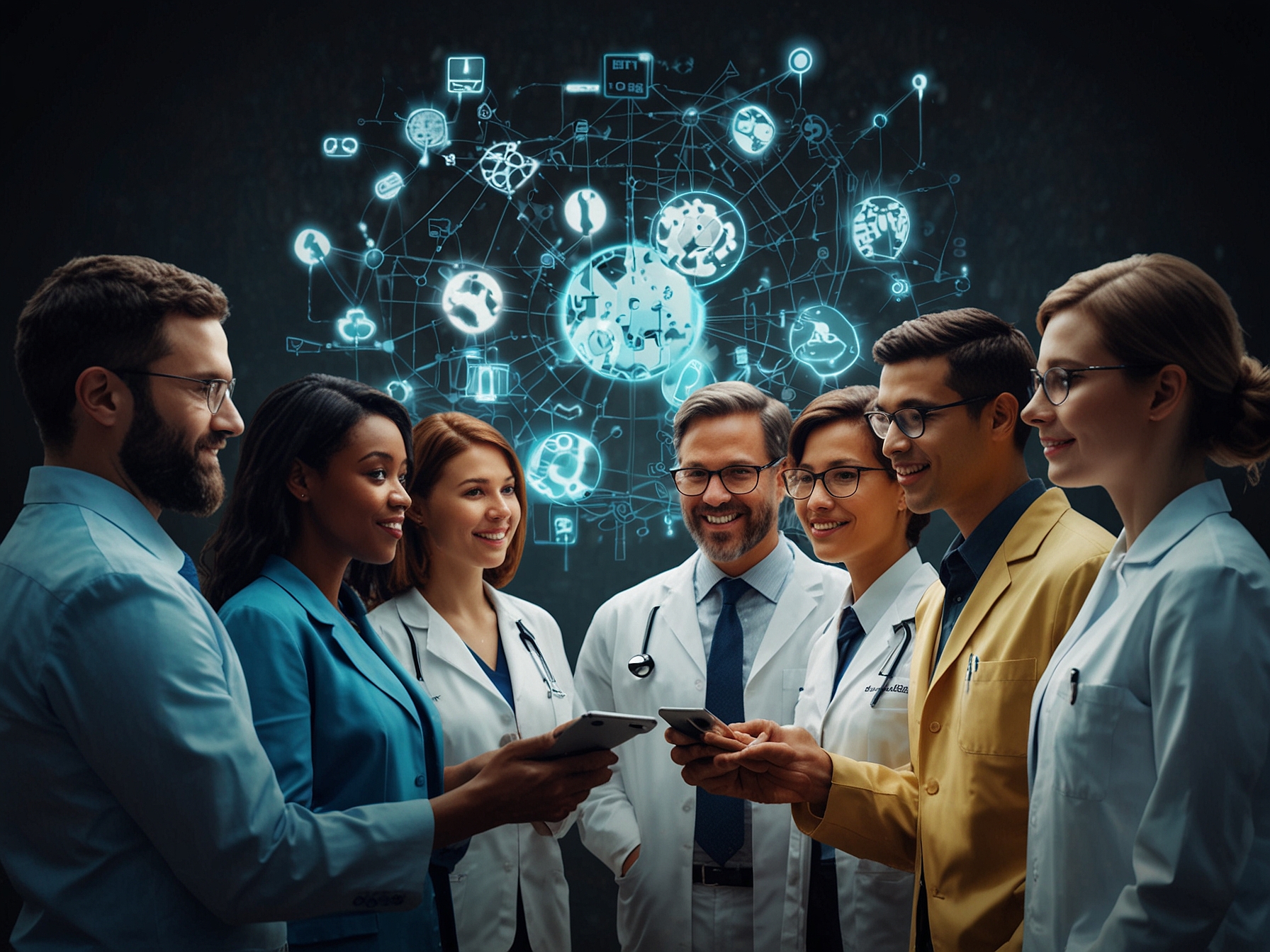 A collage of diverse MedTech professionals networking and exchanging innovative ideas in a virtual setting, emphasizing collaboration in medical technology.