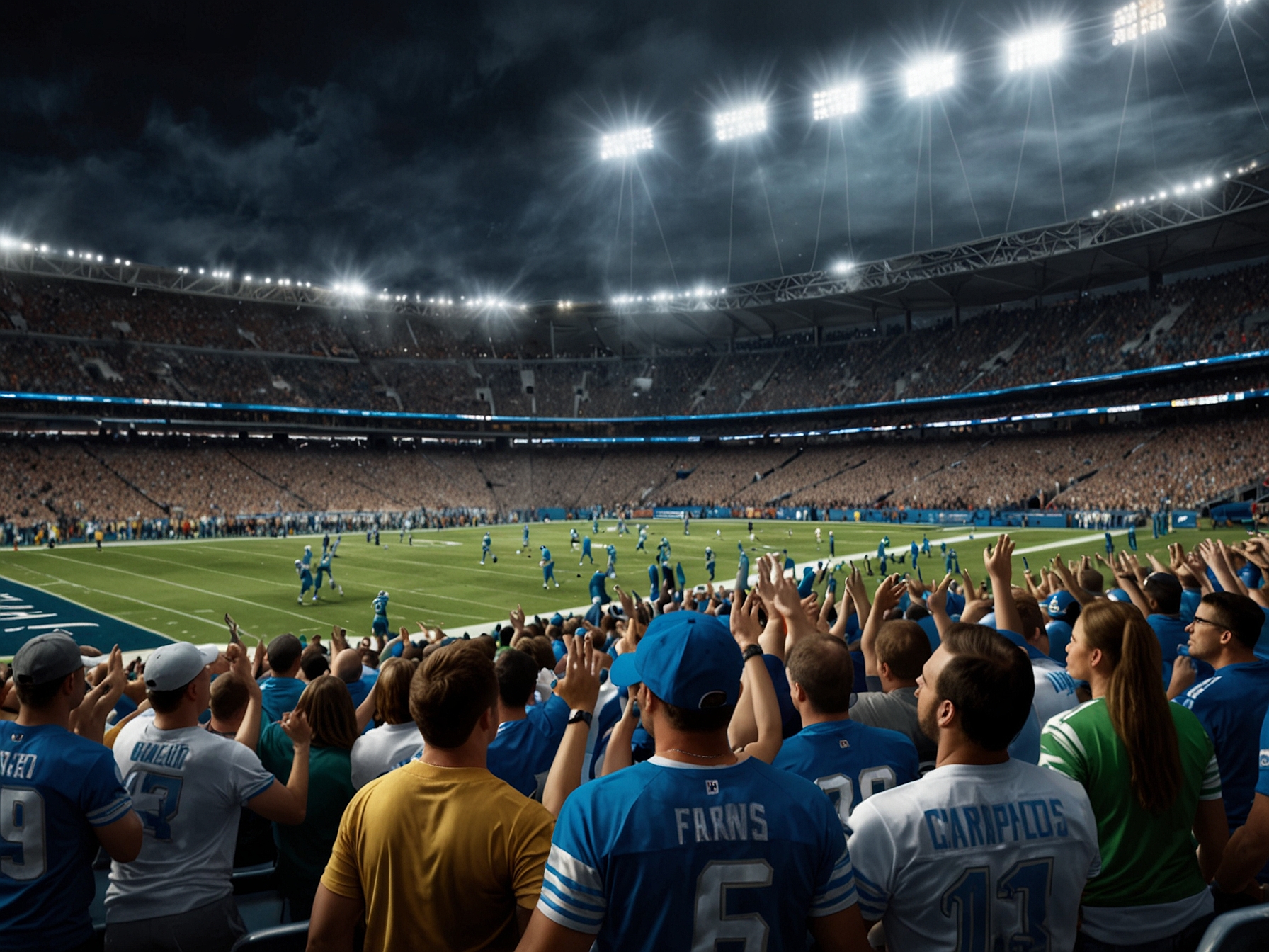 A wide shot of the packed stadium captures the electrifying atmosphere as Lions fans cheer wildly, celebrating their team's dominant performance against Seattle.