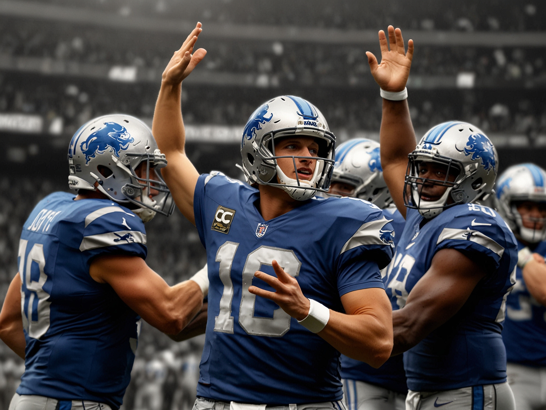 Jared Goff celebrates with his teammates after catching his own touchdown pass, exemplifying the versatile skill set that contributed to the Lions' victory.