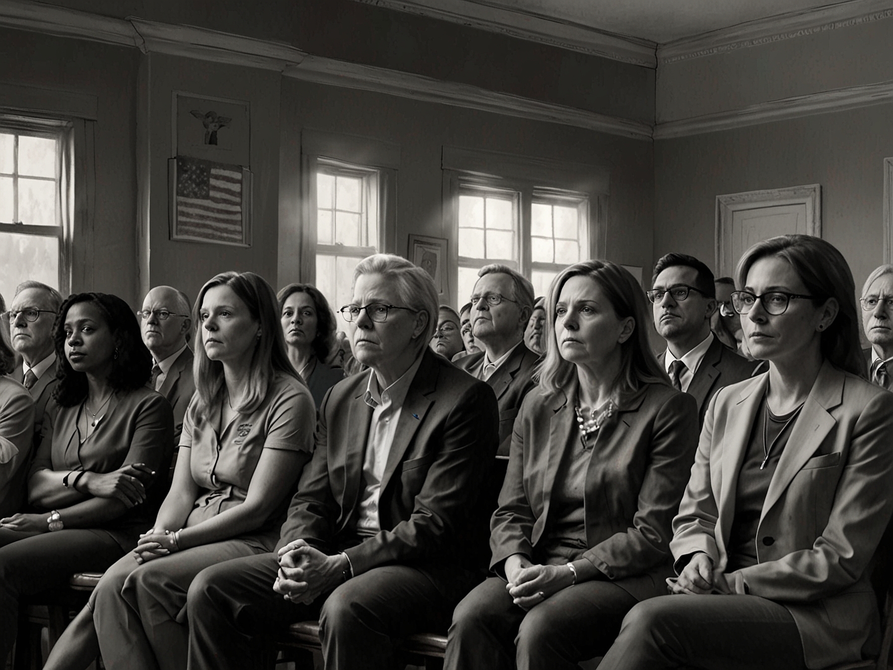 A diverse group of voters listening intently to Vance's remarks, reflecting the emotional weight of personal stories related to abortion and pregnancy decisions.