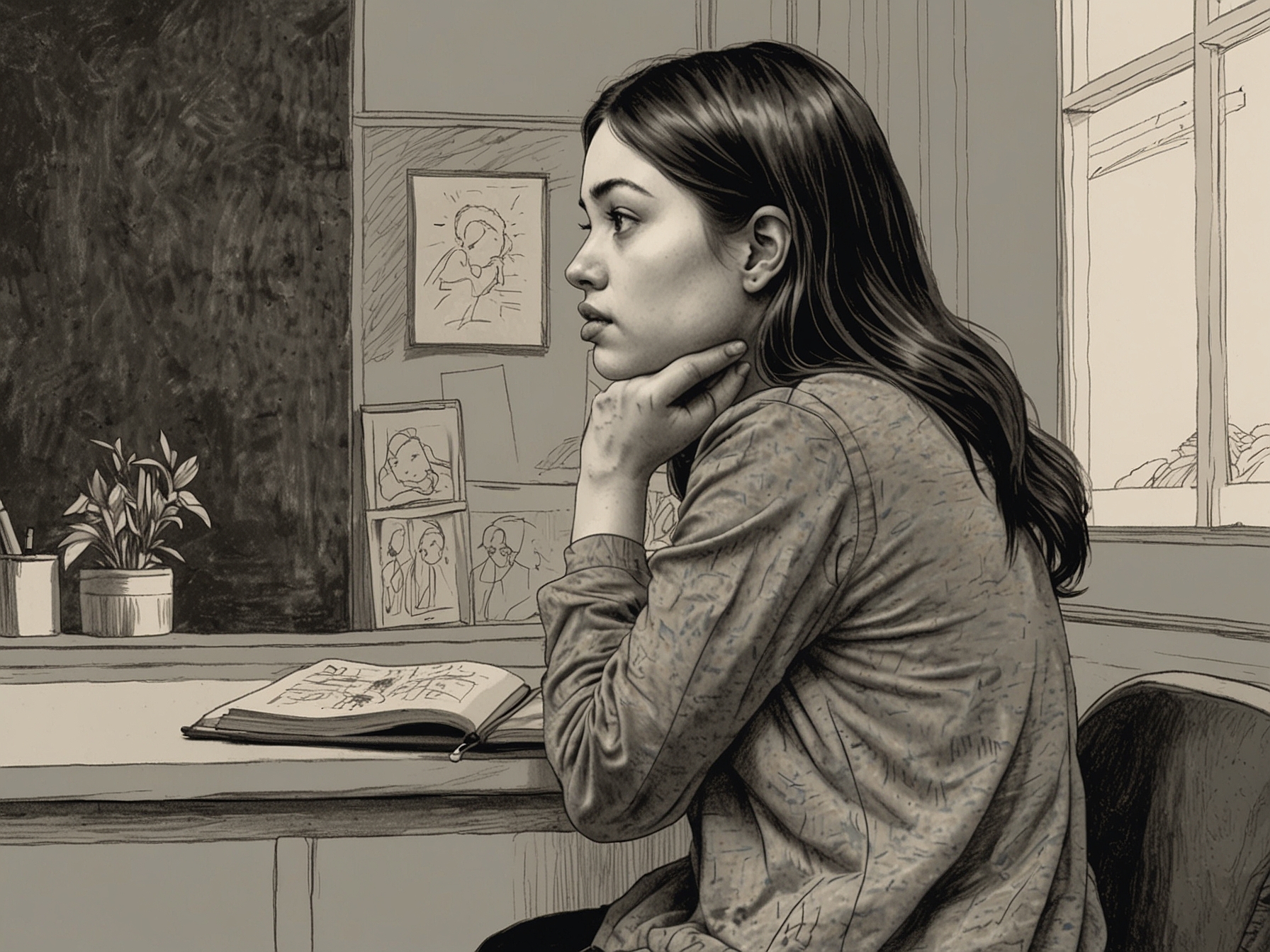 An illustration of a young woman, a college student, contemplating her future amidst unexpected pregnancy, symbolizing the difficult choices many face.