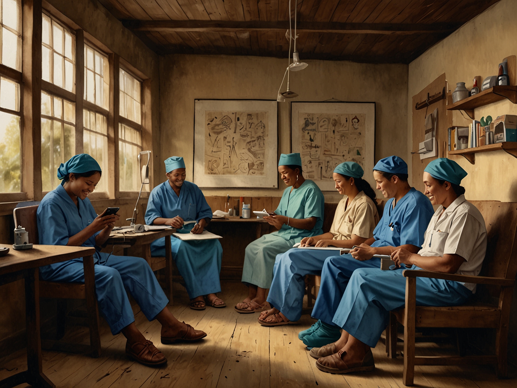 A visual representation of a rural community, depicting individuals using mobile devices to access teledentistry services, showcasing improved access to care.