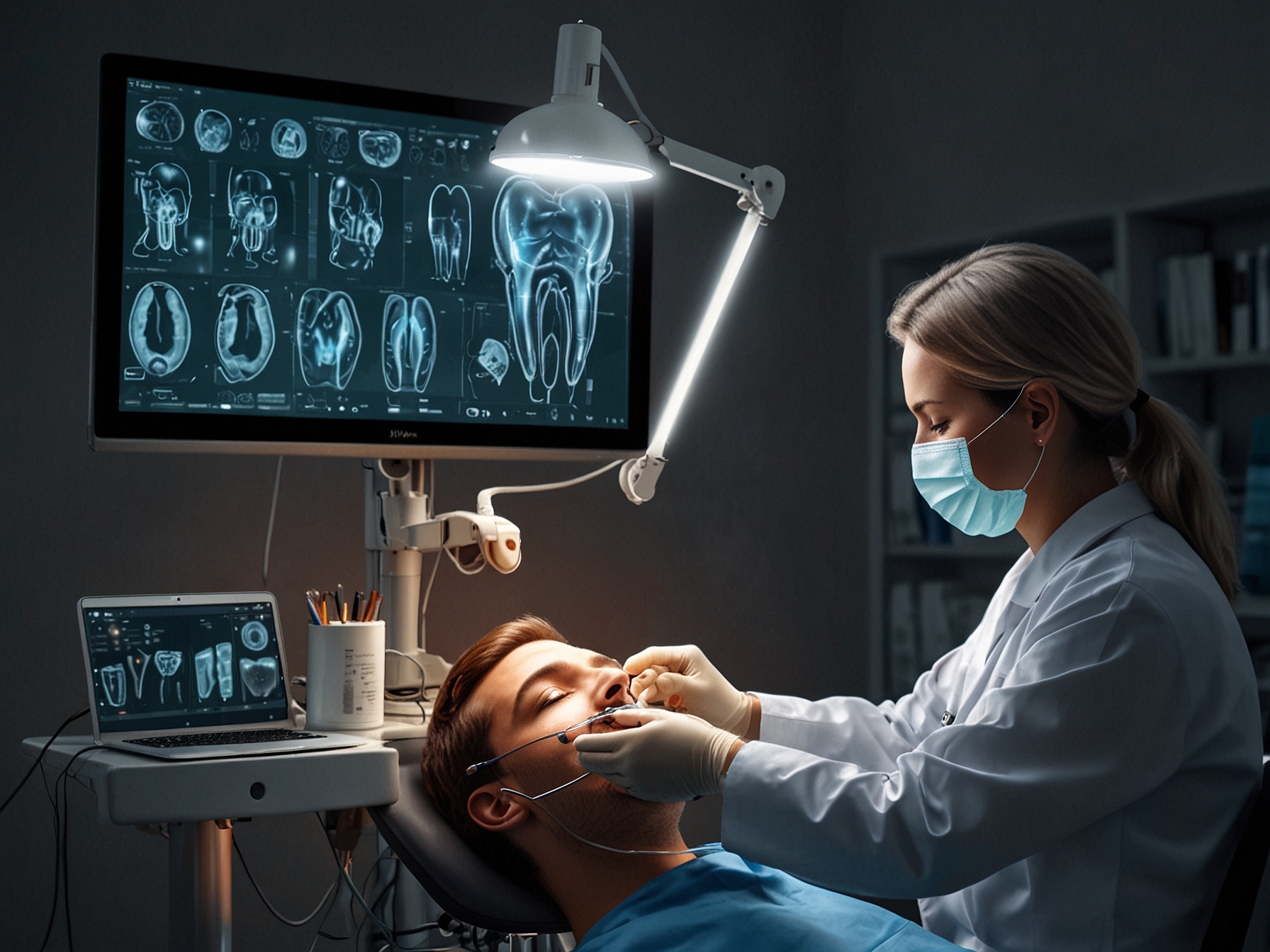 A graphical depiction of AI technology assisting dentists in diagnosing dental issues, showcasing the integration of advanced tools in teledentistry processes.