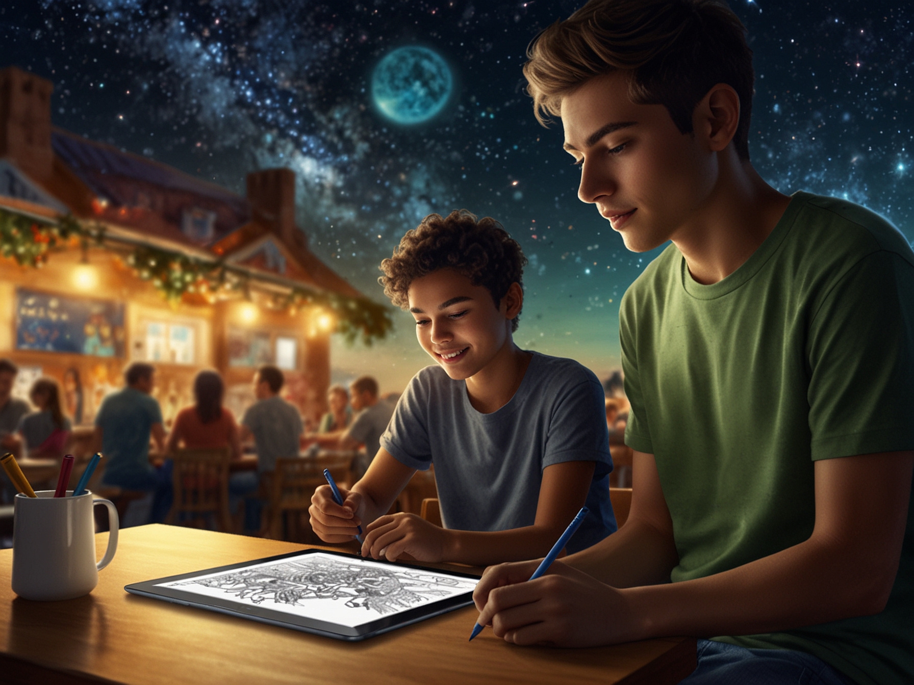 An illustration of diverse users interacting with the Galaxy Tab S10: an artist sketching, a student studying, and a family enjoying entertainment, highlighting its versatility.