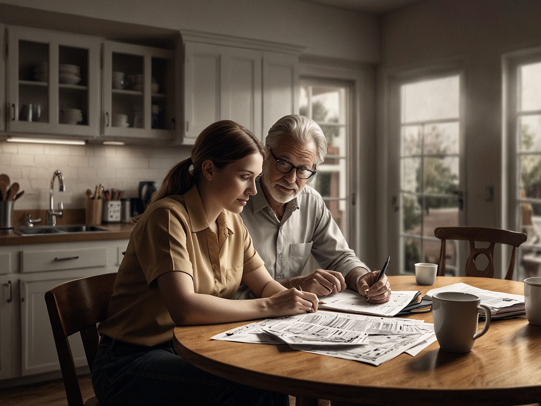 A couple sitting at a kitchen table, discussing their financial future. Papers and a calculator are spread out, symbolizing the complexities of capital gains tax decisions.