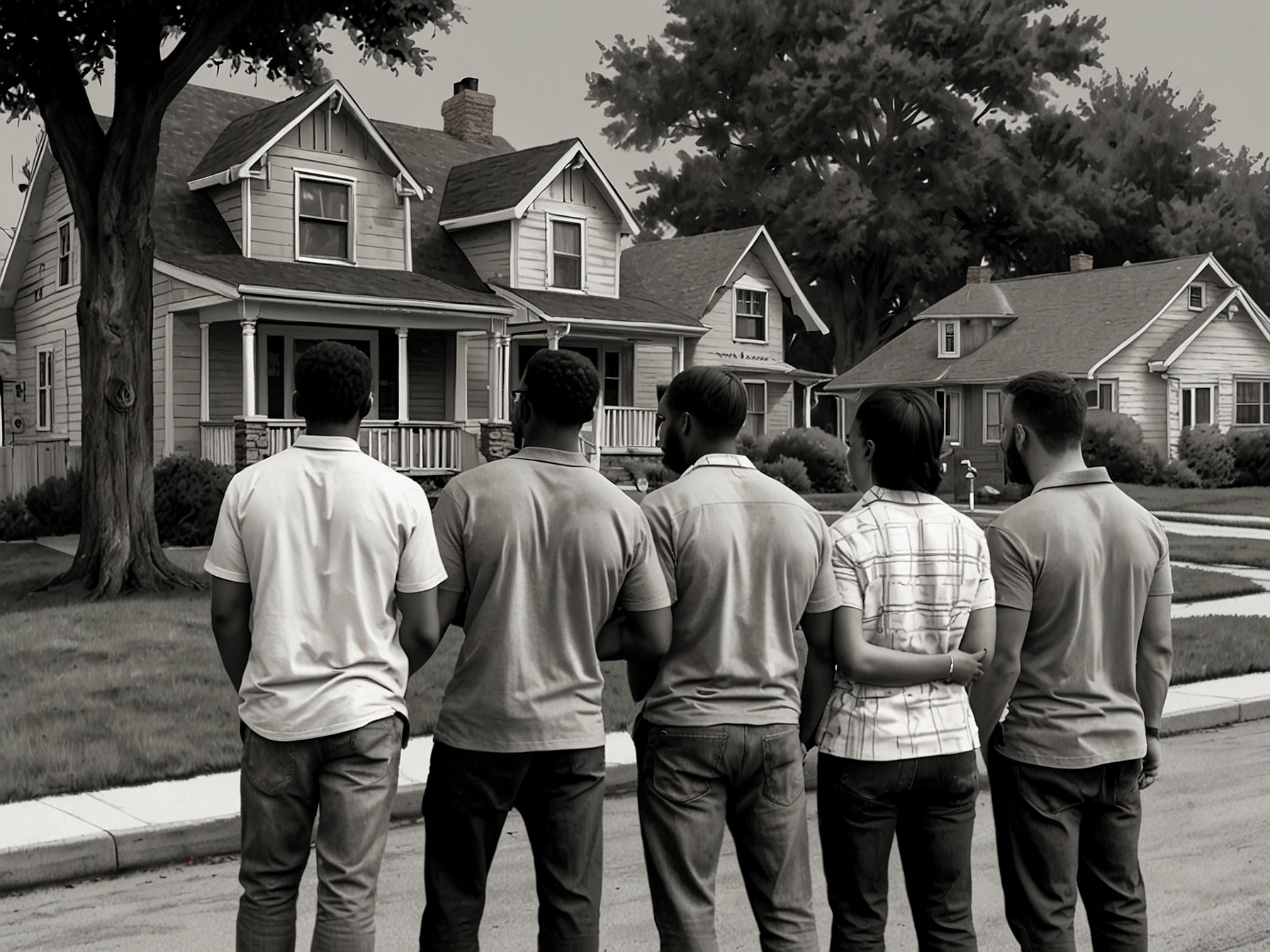 A diverse group of homeowners looking at separate houses on a neighborhood street. Each home represents different ownership structures and potential tax implications for the couples.