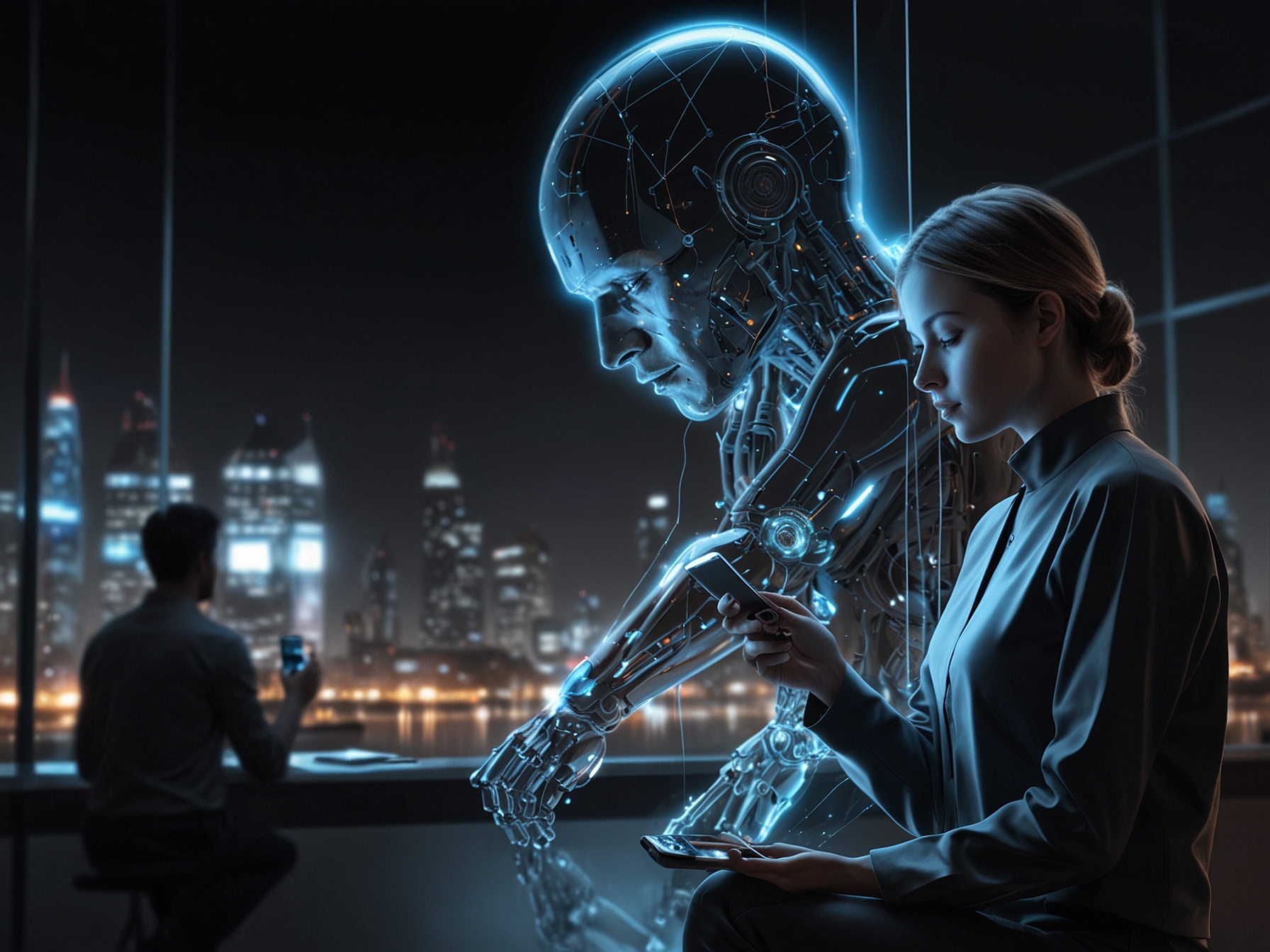 An artist's impression of a futuristic AI concept, illustrating the idea of a smartphone having thoughts and engaging in self-reflection.