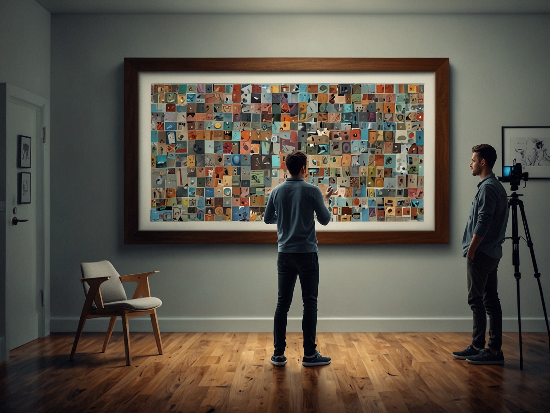 A whimsical illustration of the Pixel 9 Pro discussing its AI capabilities, framed with artistic representations of photo organization and quick replies, blending tech with creativity.