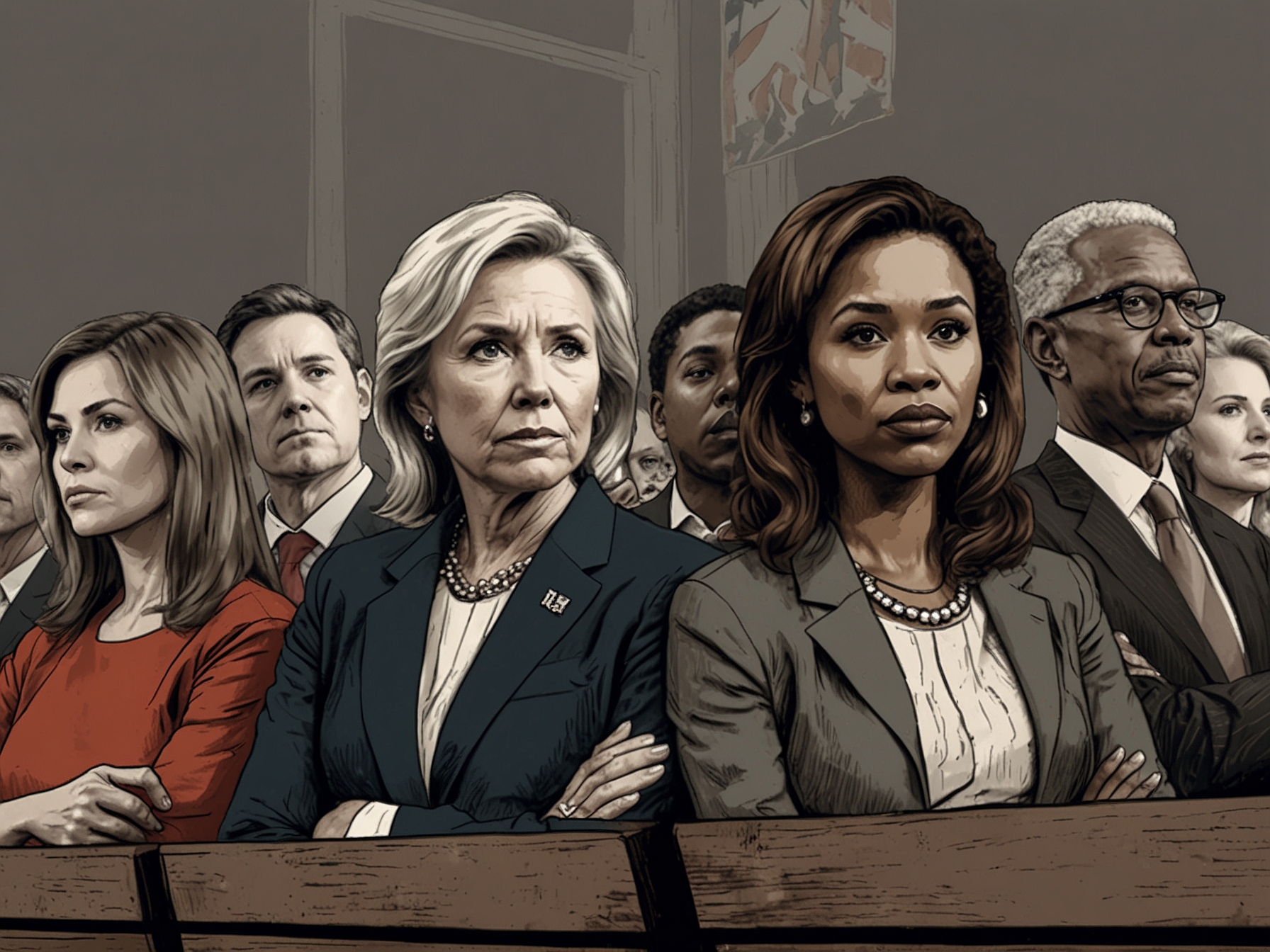 A diverse group of voters watching a presidential debate, their expressions reflecting the mixed feelings on Trump's stance towards abortion and women's rights.