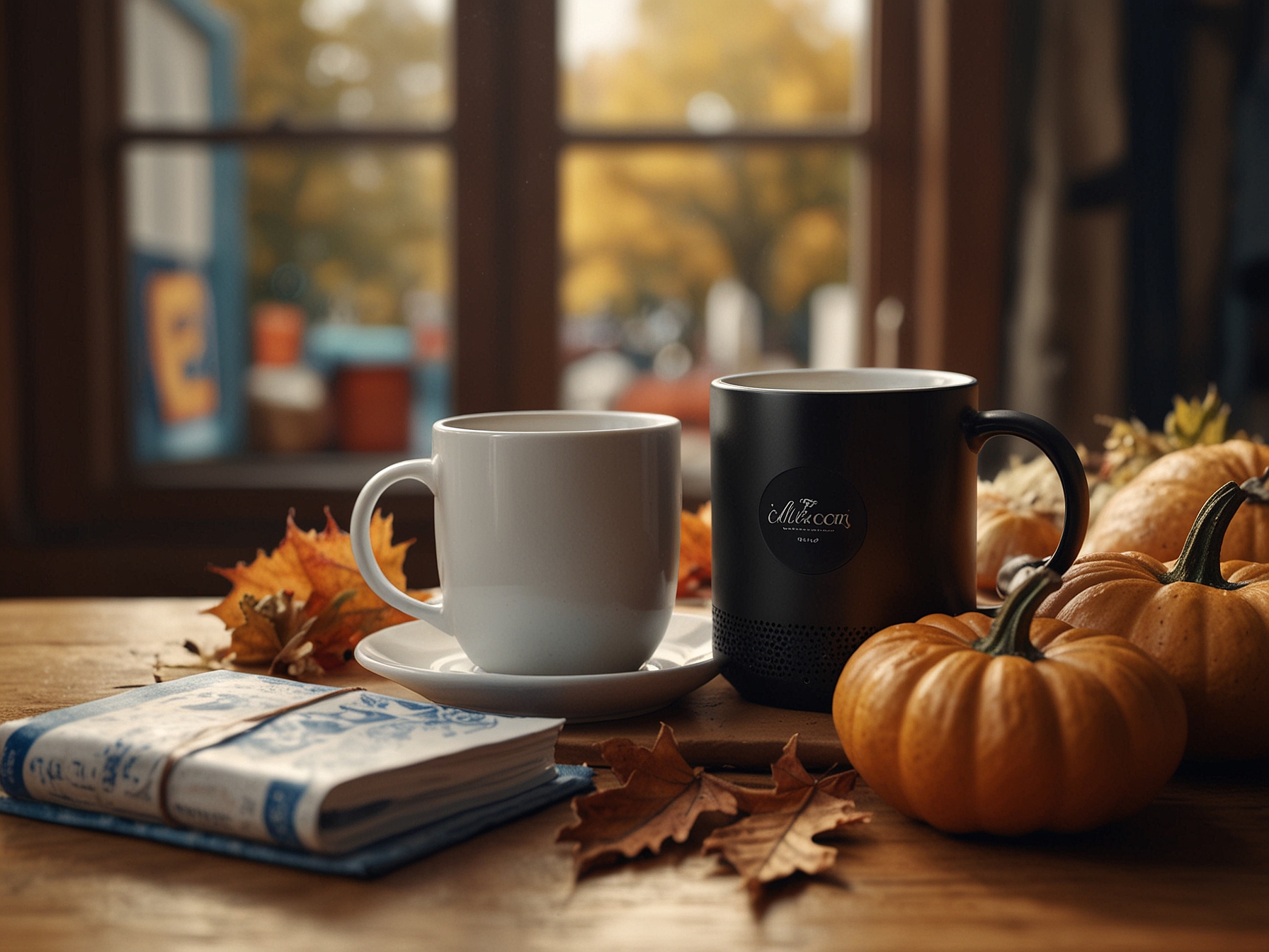A cozy fall scene featuring a warm coffee mug next to discounted products like a smart speaker and Crest whitening strips, encapsulating the essence of cozy autumn shopping.