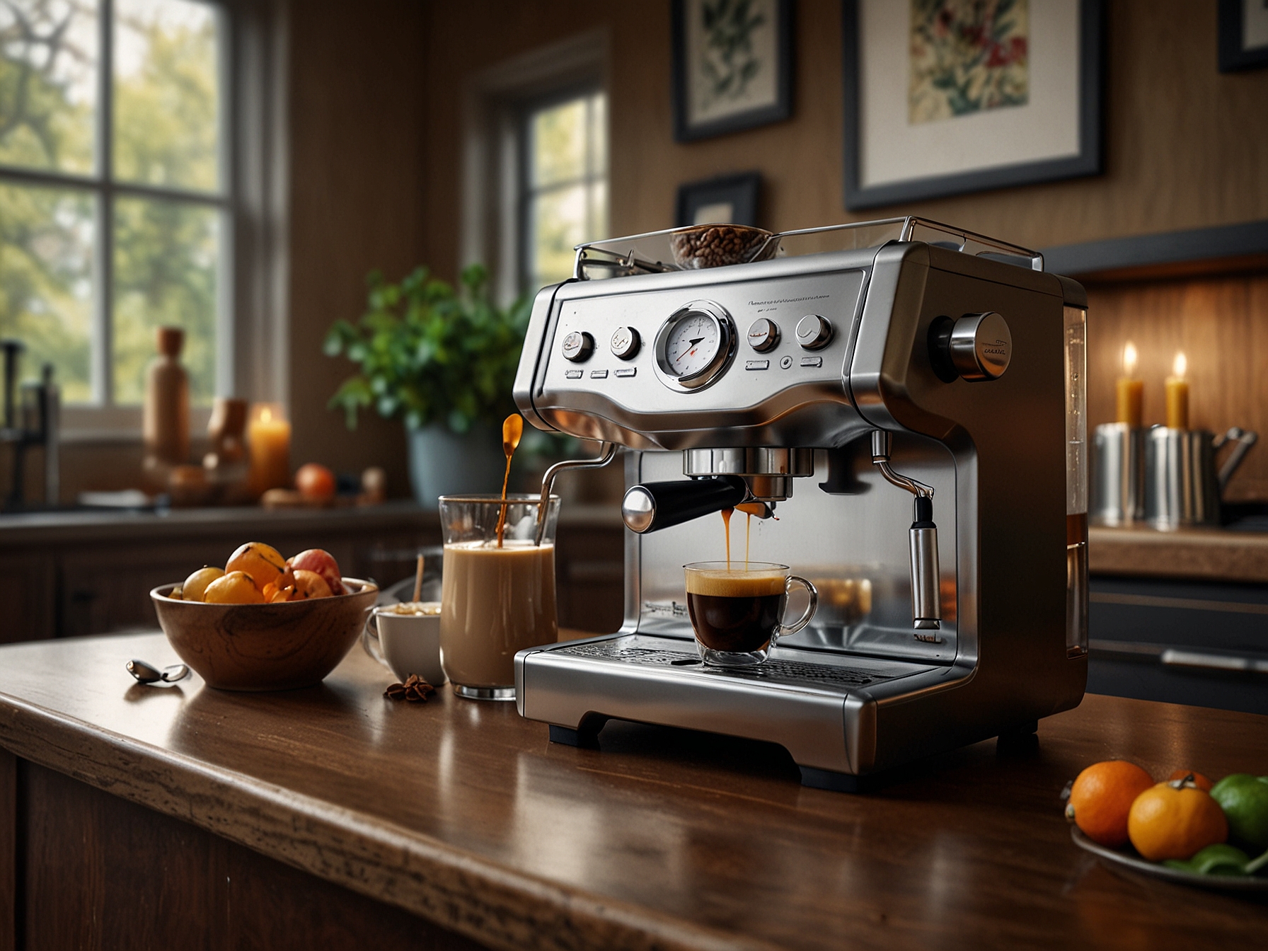 An inviting kitchen setting showcasing the Breville espresso machine, surrounded by freshly brewed coffee and seasonal decorations, highlighting the luxury of home coffee experiences.