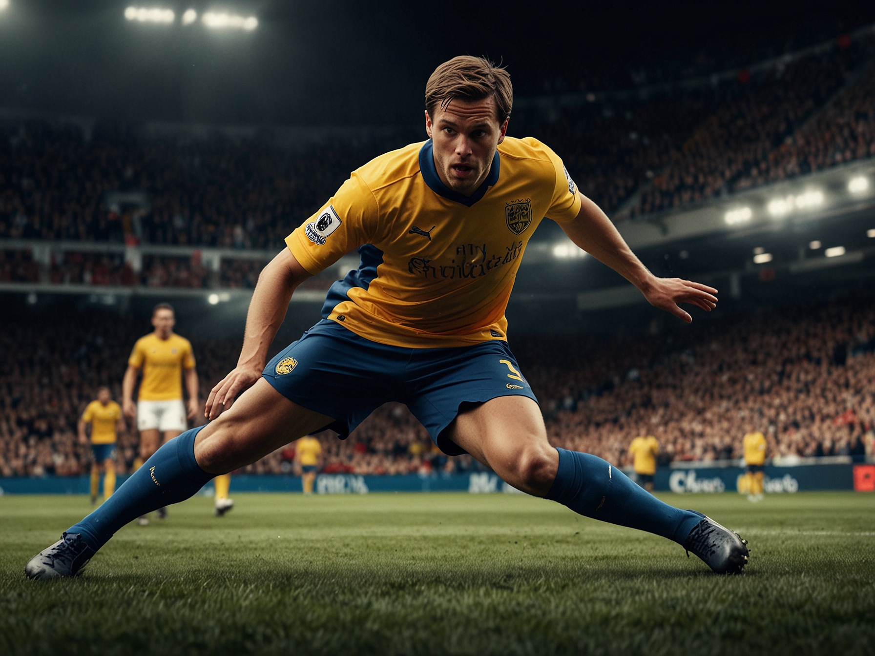Action shot illustrating Palmer's precision finishing as he scores one of his four goals, emphasizing his talent and capability on the pitch.