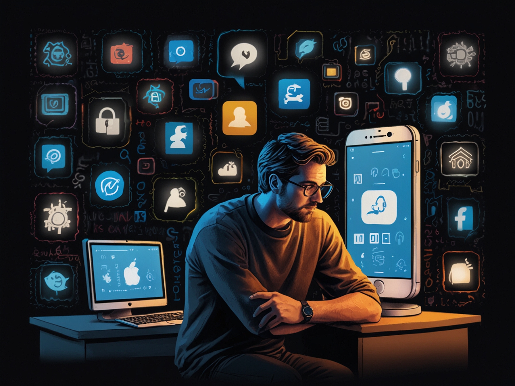 A conceptual image depicting a user contemplating the trade-offs between RCS and iMessage, surrounded by icons representing privacy, security, and user experience.