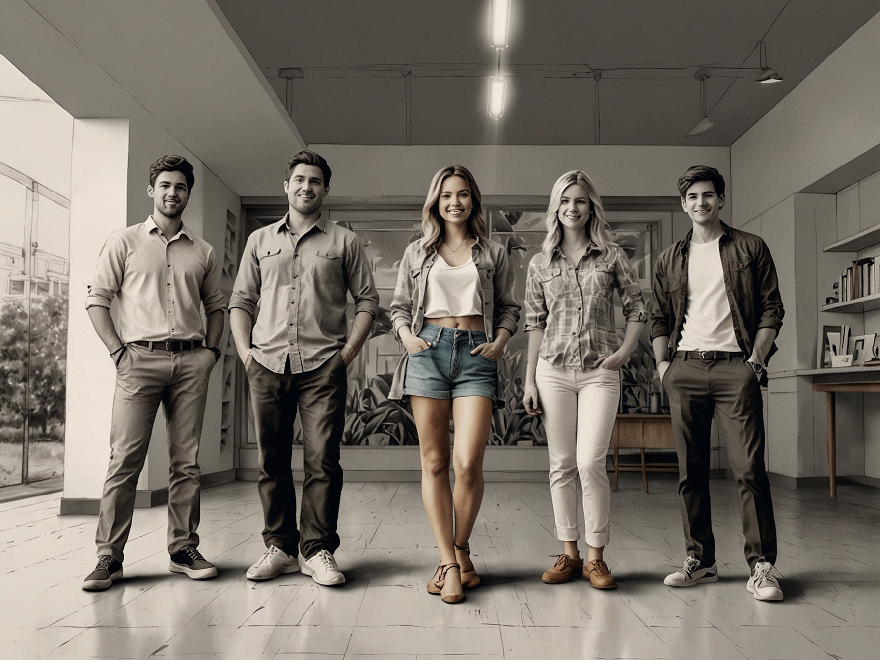 Emerging talents posing for a promotional shoot, emphasizing the refreshing perspective they bring to the advertising landscape and their ability to captivate new audiences.