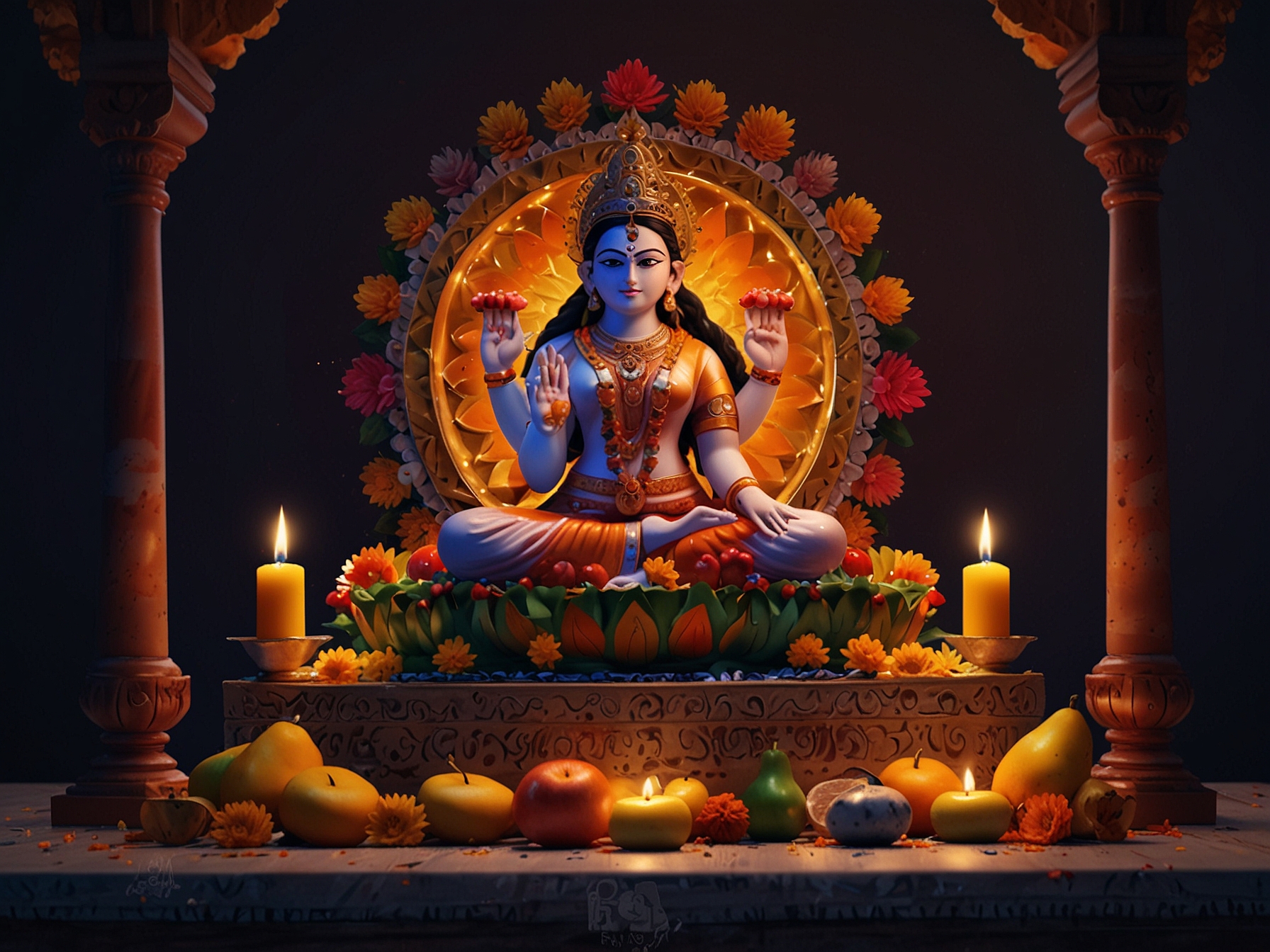 An inviting altar adorned with fresh flowers, fruits, and a glowing diya, embodying the vibrant spirit of devotion on the first day of Navratri.