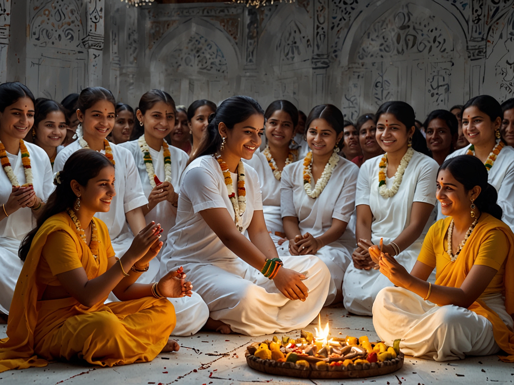 A joyful gathering of families participating in traditional rituals, dressed in white, reflecting unity and cultural heritage during the auspicious celebration of Navratri.