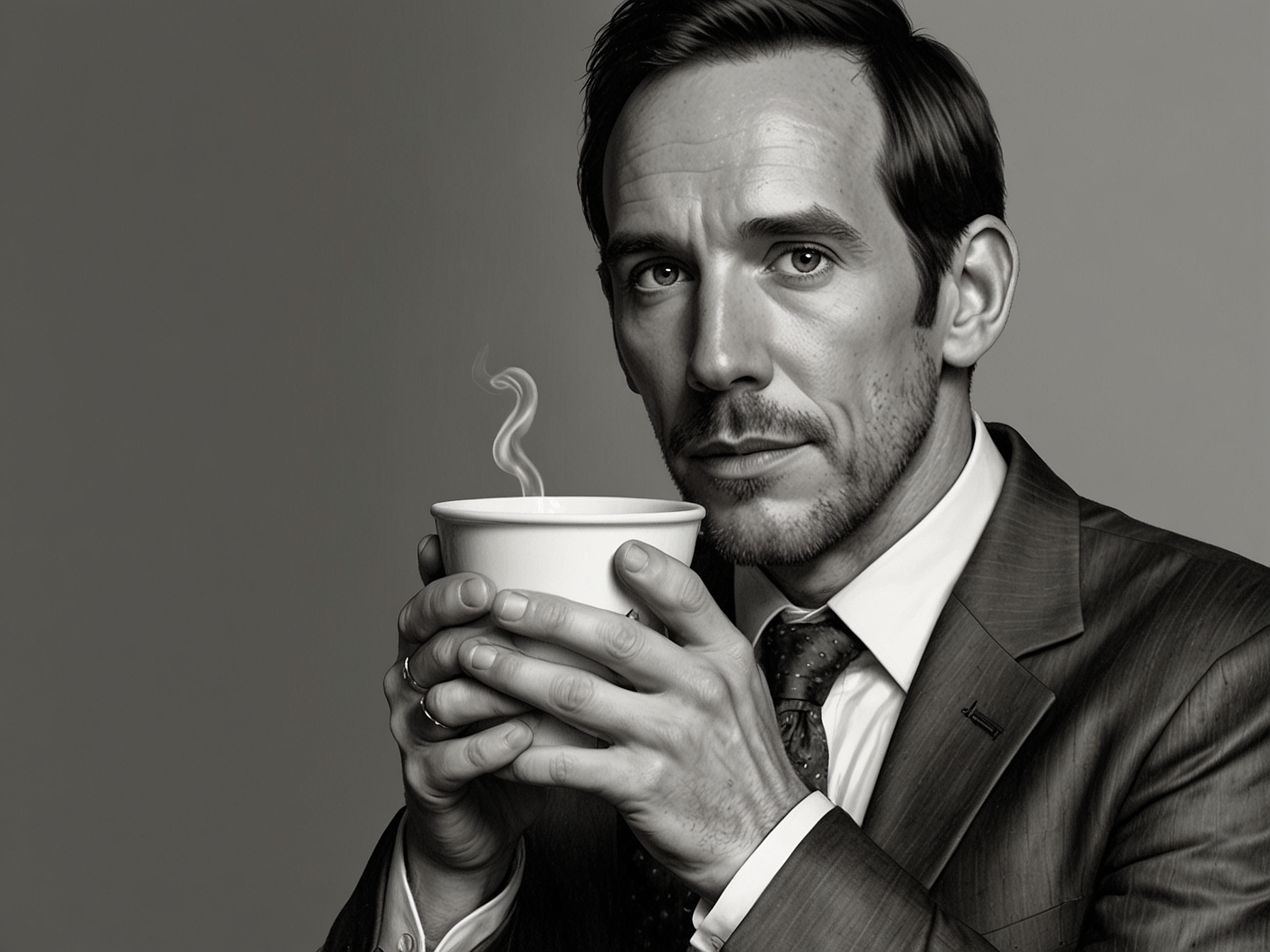 A close-up of Ben Miller holding a cup of coffee, symbolizing the small, meaningful gestures in relationships that strengthen connections between partners.