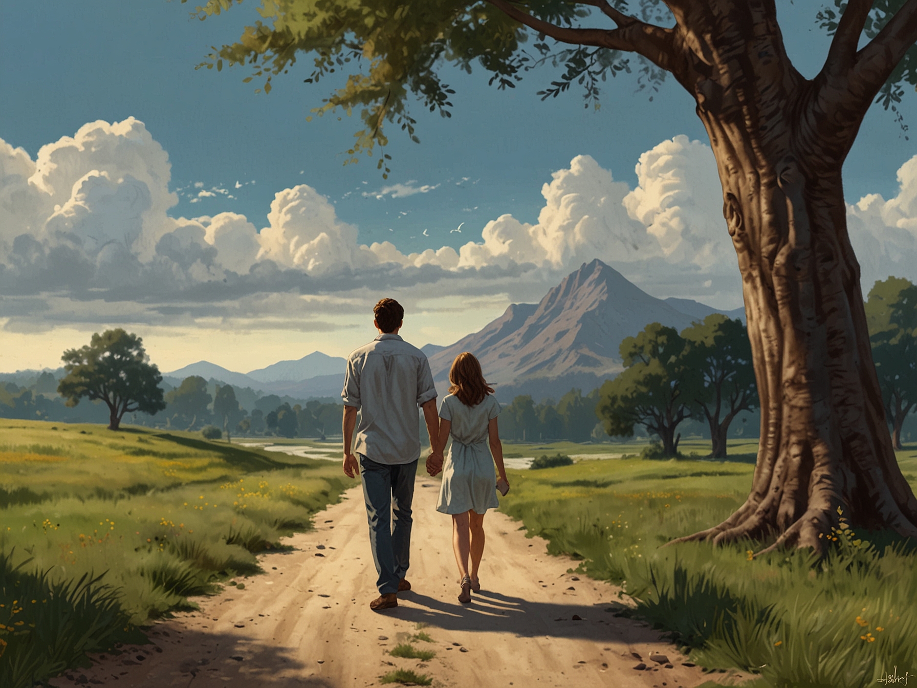 A serene setting depicting Ben and Jessica walking hand-in-hand, illustrating the journey of love and resilience as they navigate the complexities of fame together.