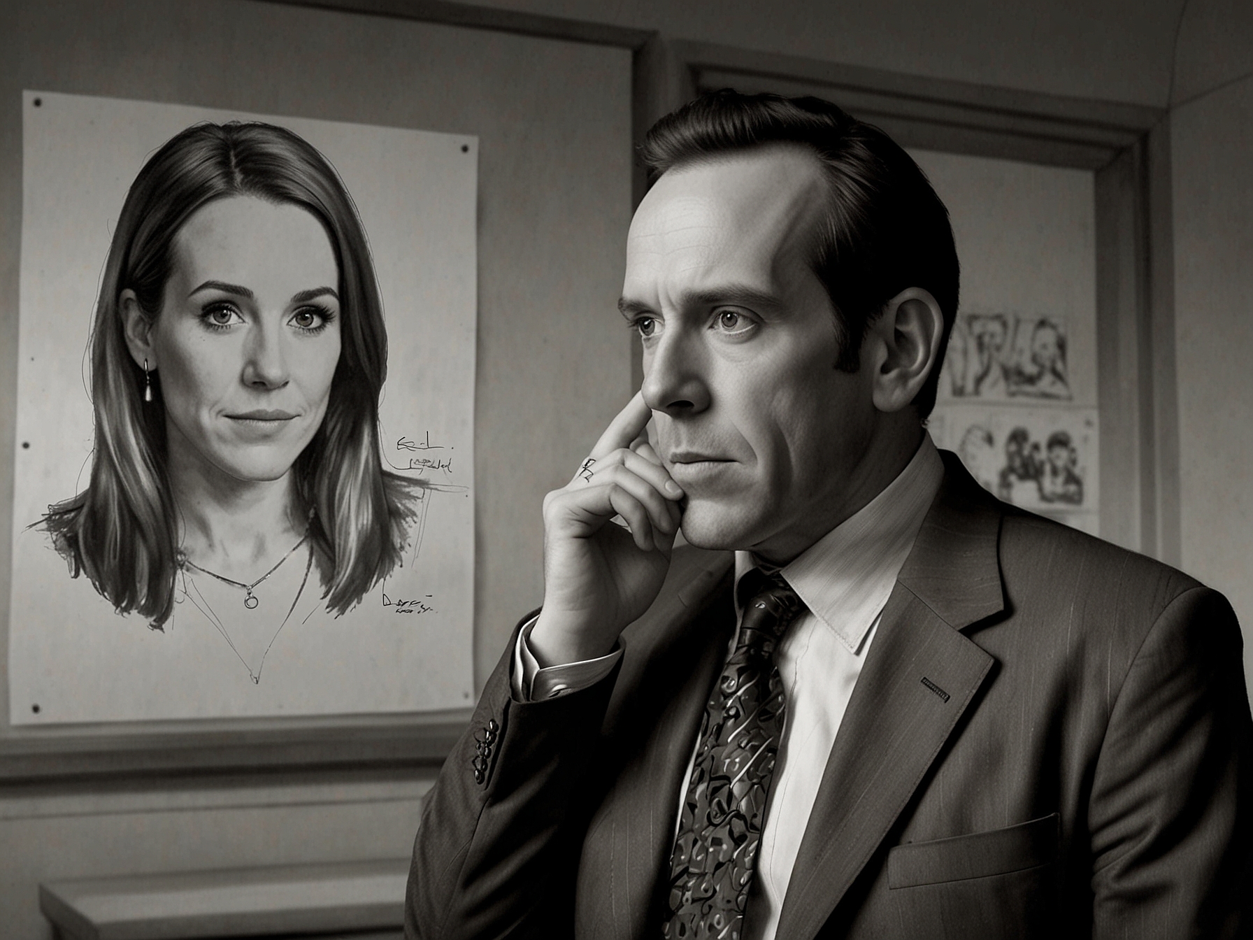 A thoughtful moment of Ben Miller reflecting on his career with a picture of Jessica in the background, representing how she inspires his choices and ambitions.